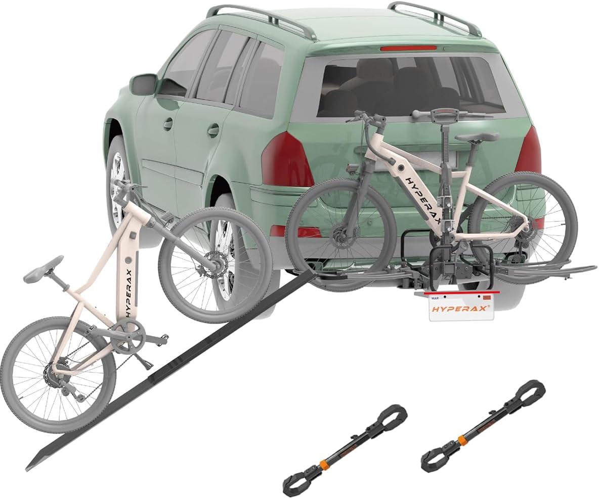 HYPERAXLifting Made Easy Combo- Volt 2 & Ramp with License Plate Holder and 2024 Ebike Adapter - Bike Rack for Car, SUV, Trucks - 2" Hitch Fits Up to 2 X 70 lbs Bike with Up to 5" Fat Tire (NO RV U