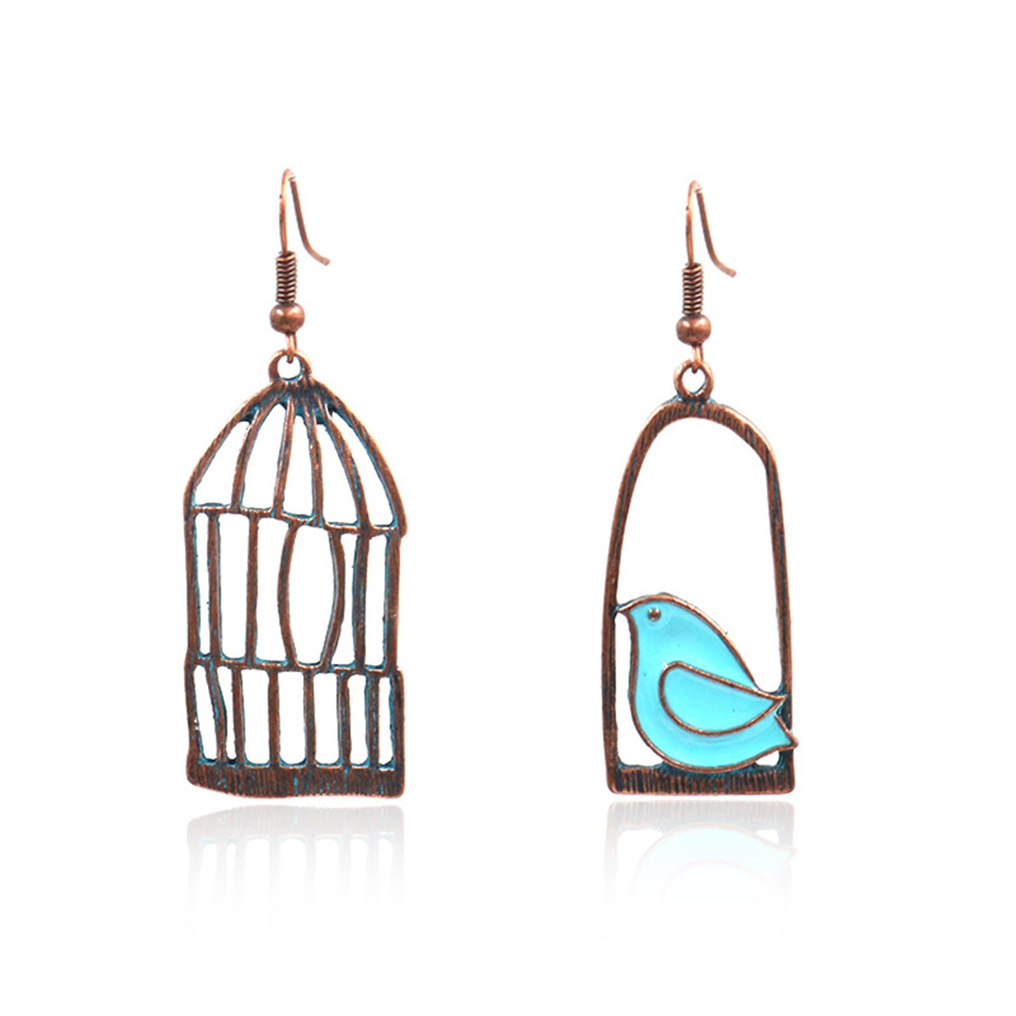 Fashion Antique Lovely Asymmetric Birdcage Earring Enamel Bird In Cage Animal Jewelry for Women