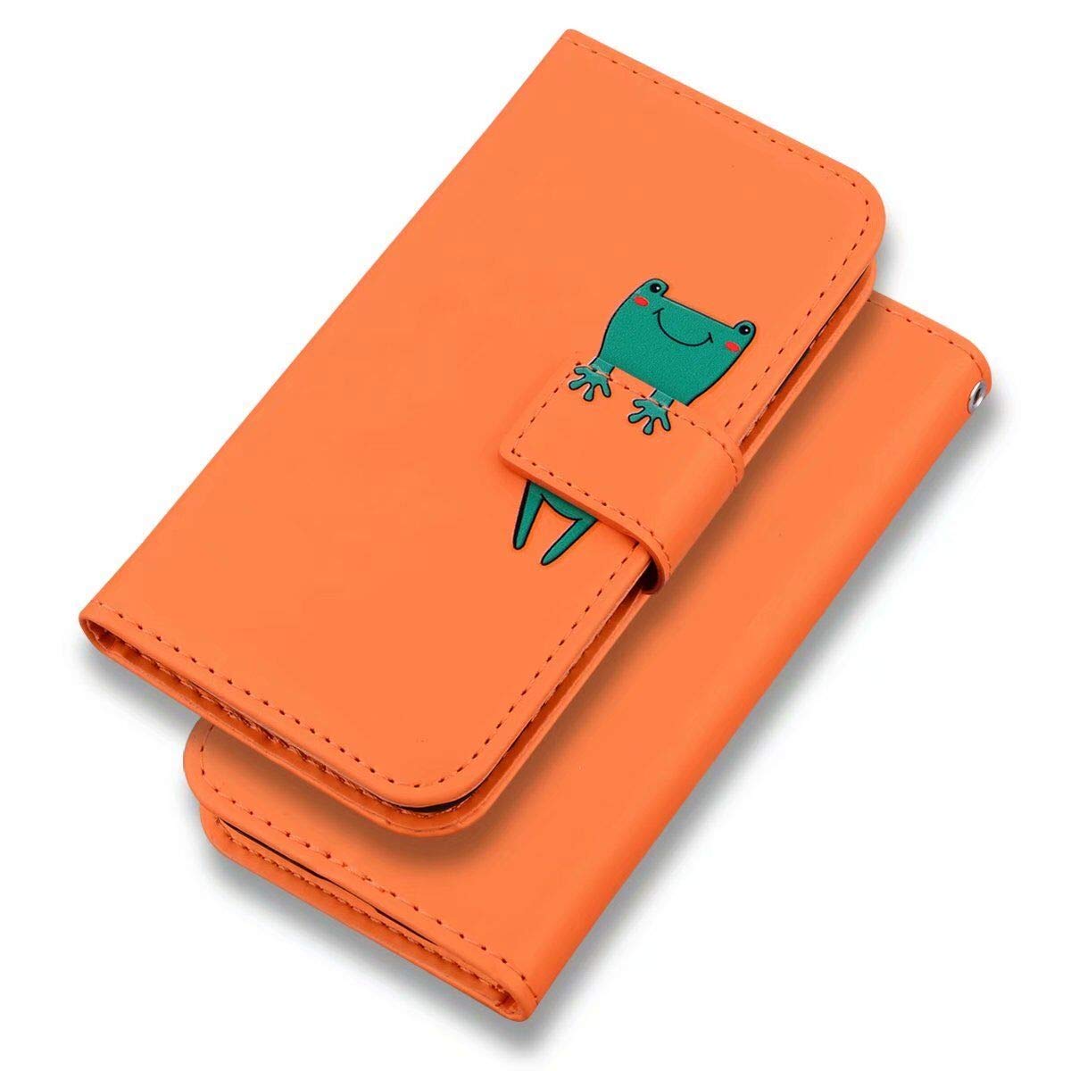 JEFFENEN Cover per iPhone 13 Mini(5.4),Custodia Cartone Animato Pelle Antiurto Portafoglio Slot Schede Chiusura Magnetica Flip Caso Magnetico Cover Cavalletto,Rana Arancia