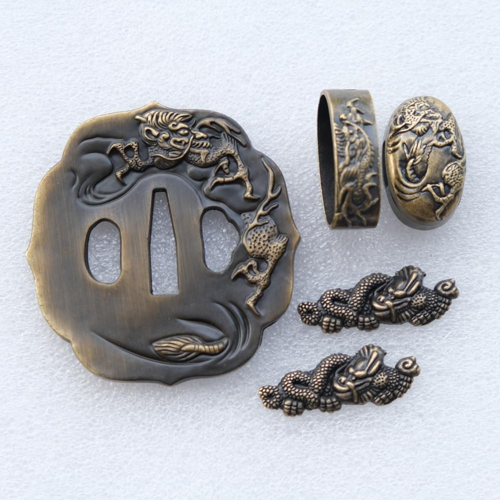 Samurai Sword Koshirae Set，Alloy Tsuba Fuchi Kashira Menuki Katana Fittings (HJ128, 3.14in-3.54in, 2.75in-3.14in,)