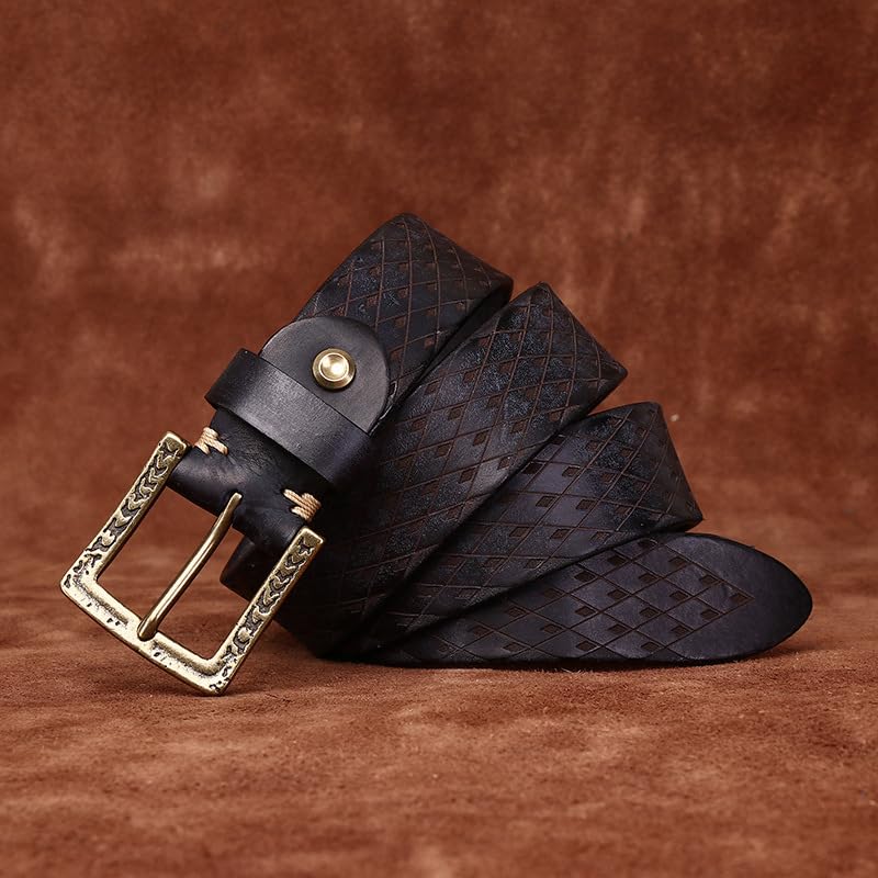 Mens Womens Diamond Embossed Belt,5.5mm Thicken Top Grain Cowhide Vintage Strap with Heavy Duty Engraved Western Buckle(130cm/51, Black)2