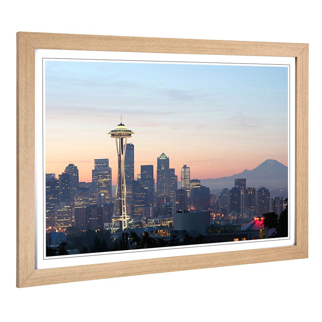 Big Box Art Framed Print of Washington Seattle Skyline USA 2 Design | Wall Art Picture | Home Decor for Kitchen, Living Room, Bedroom, Hallway, Oak, A2 / 24.5x18 Inch / 62x45cm