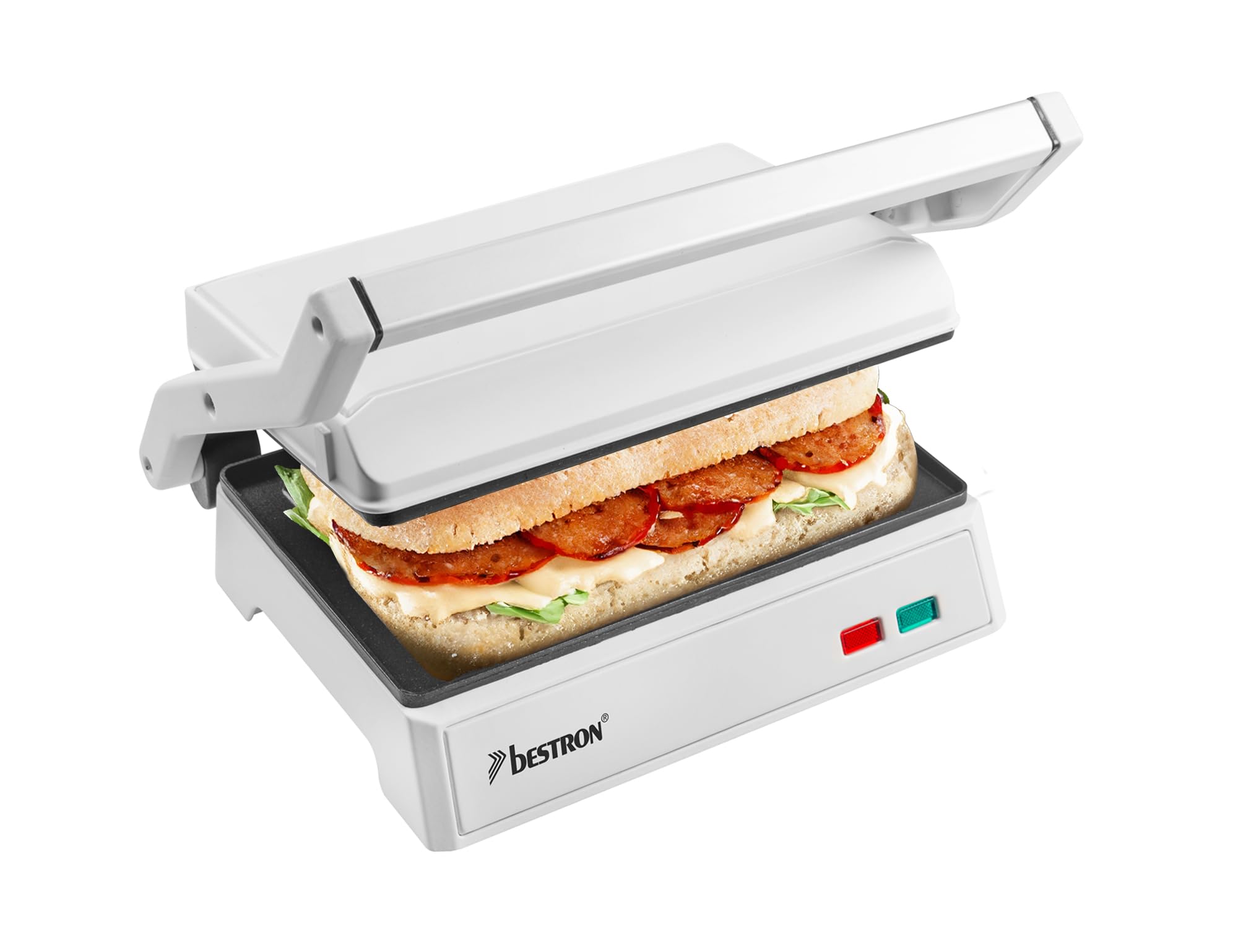 Bestron elektrischer Kontaktgrill mit Auffangschale, Sandwichmaker mit Cool-Touch-Handgriff & 180° Öffnung, Paninimaker mit Antihaftbeschichtung, Einsteigermodell, APM124W, Farbe: Hellweiß