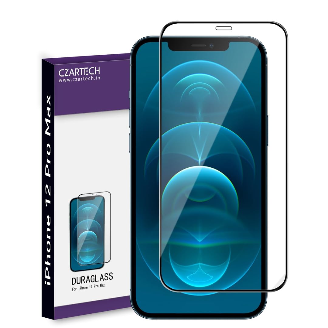 CZARTECH Full coverage Tempered Glass Screen Protector for iPhone 12 pro Max Edge to Edge Screen Guard with Easy Cleaning Kit 6.7β Inch (Pack of 1)