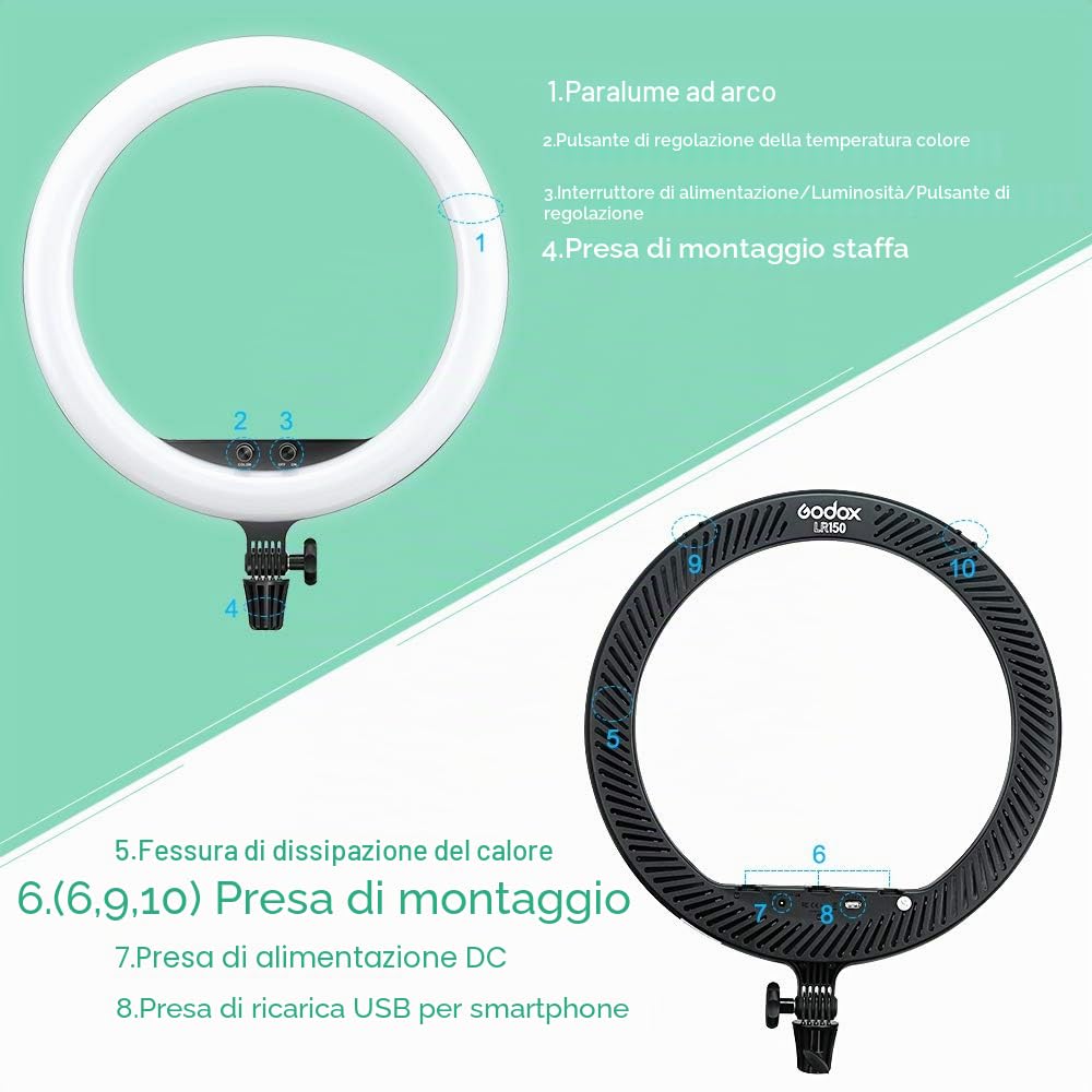 Godox LR150 - Kit di luci ad anello LED 18 pollici 38W bicolore 3000K-6000K per selfie ad anello Diammable CRI 90+