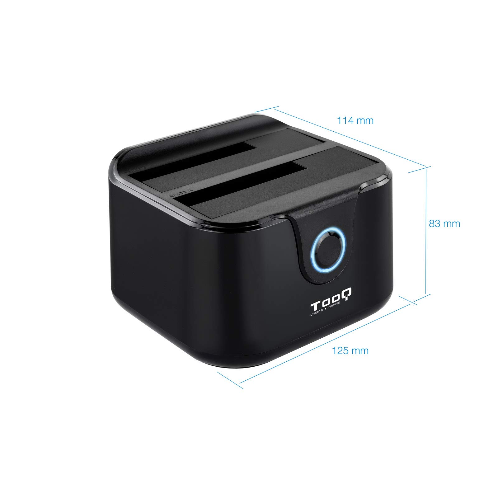 TooQ TQDS-802B - stacja dokująca z podwójną kieszenią SATA na napędy 2,5 i 3,5 cala, USB 3.0 i USB 2.0-HOST, funkcja Offline CLONE, kolor czarny