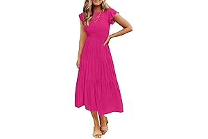 Women's 2024 Summer Casual Flutter Short Sleeve Crew Neck Smocked Elastic Waist Tiered Midi Dress