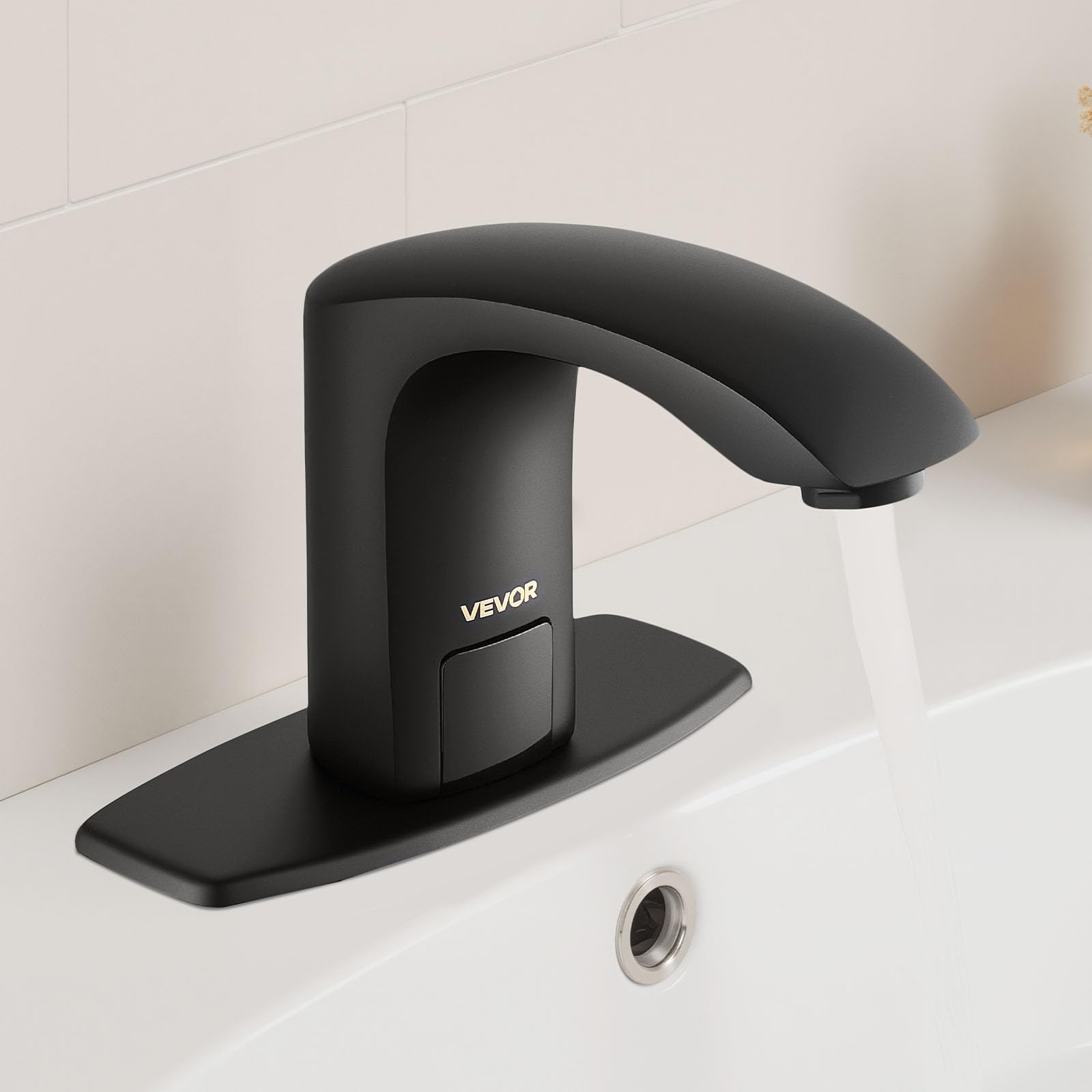 VEVOR Grifo de Lavabo sin Contacto, Grifo Automático para Baño, Alta Resistencia al Agua, con Sensor Manos Libres y Ajustable, Agua Fría/Caliente, a Pilas, Negro Mate, 160 x 45 x 130 mm, 7,6 L/min