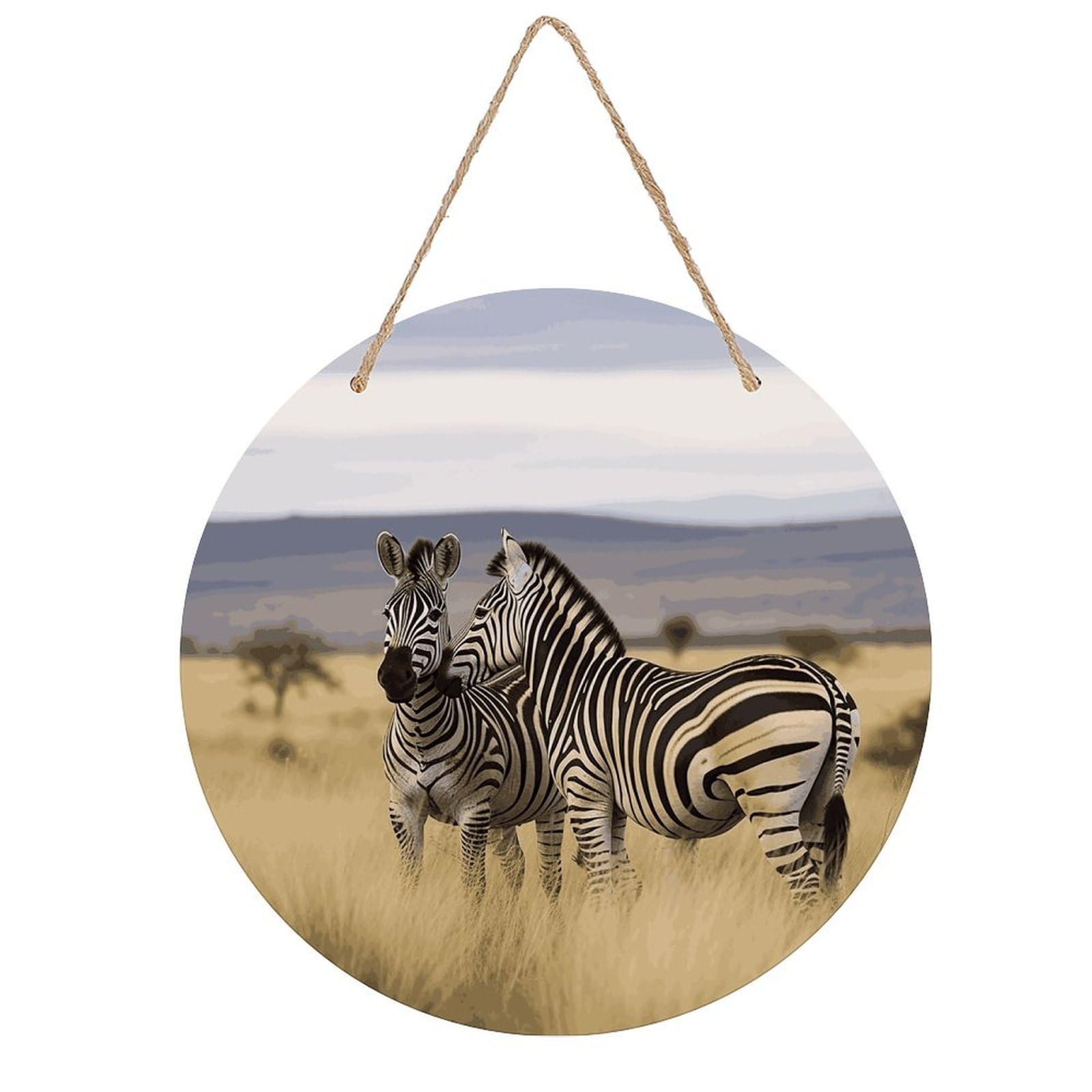 FekiLoot Round Zebras on South Africa Wall Art Decor Painting Wooden Hanging Sign with Ropes Bohemian Wall Hanging Retro Mid Century Modern Wall Art for Home Bedroom Living Room 7.9x7.9 in