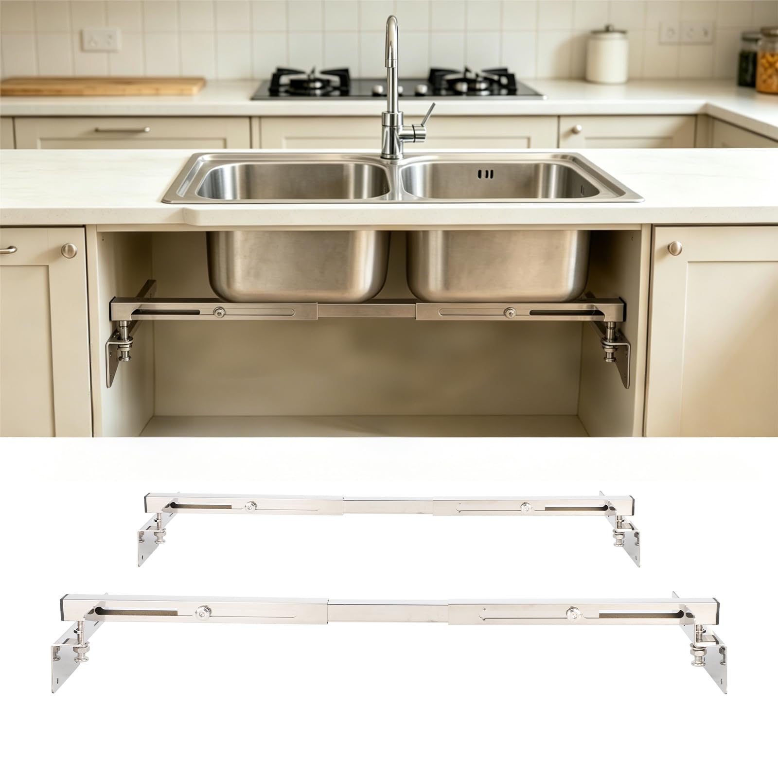 2 soportes para fregadero de montaje inferior, 51-80 cm, kit de instalación ajustable de acero inoxidable para fregadero de cocina y baño, soportes de fregadero de montaje inferior, 50,8-80 cm