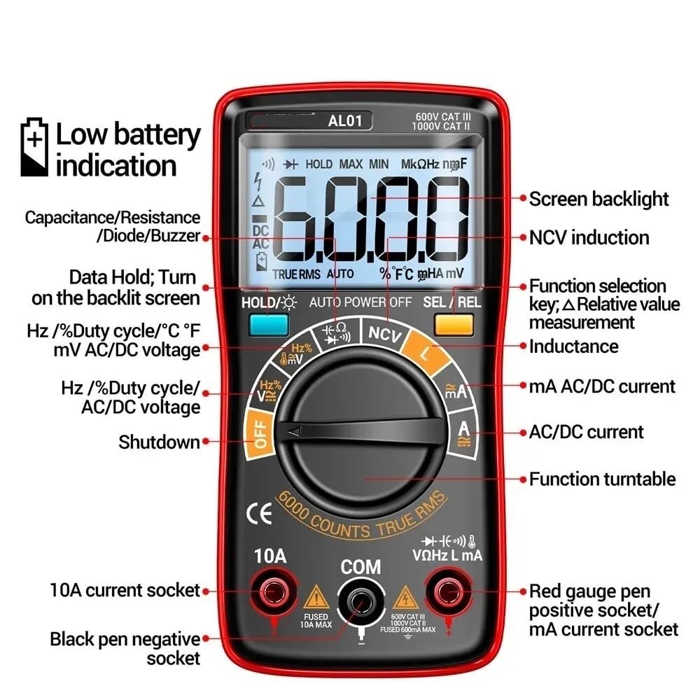 AL01 indukcyjności multimetr cyfrowy 6000 Count True-RMS AC/miernik napięcia DC tester prądu profesjonalne narzędzia dla elektryków(AL01 red)