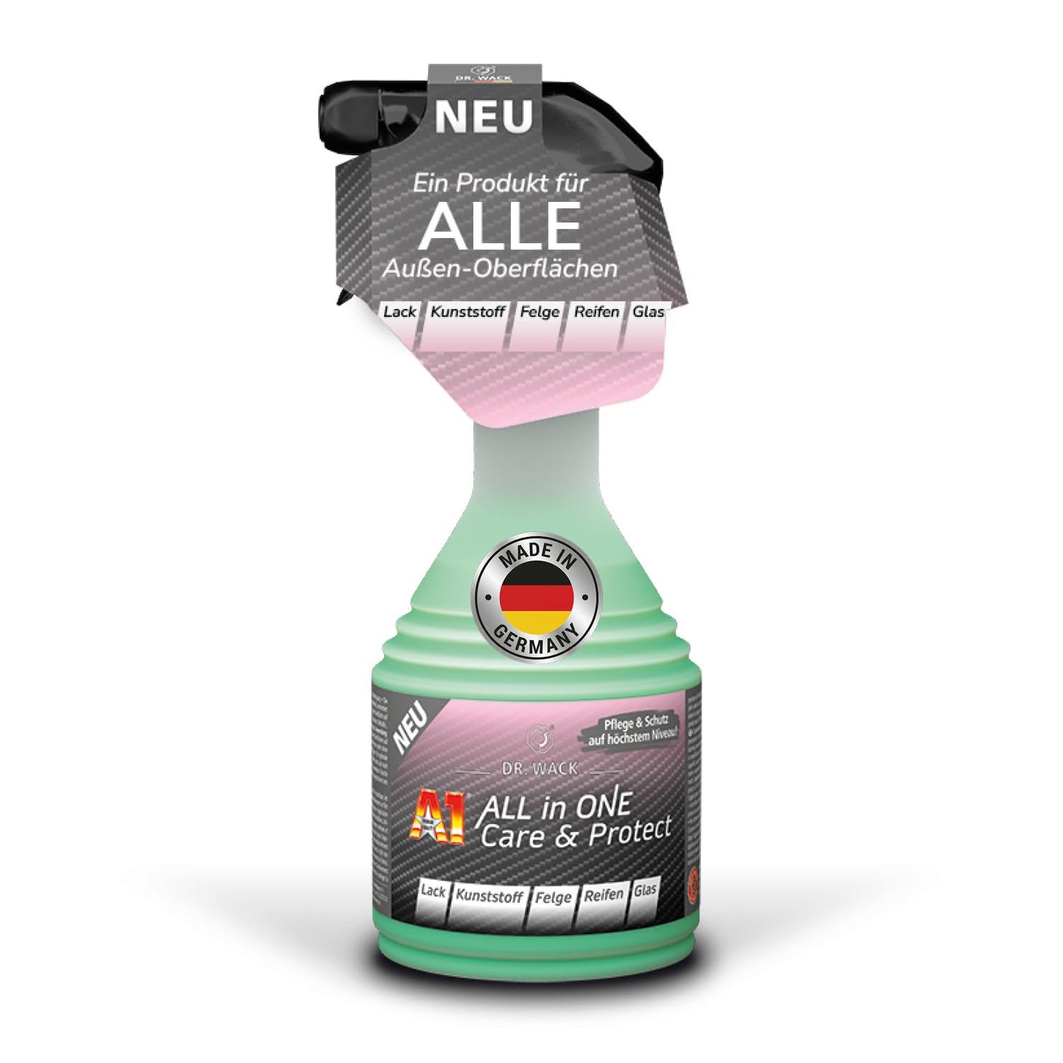 Dr. Wack – A1 All in ONE Care & Protect Autopflege 500 ml I Für alle Auto-Außenoberflächen I Schutz, Pflege & Versiegelung in 1 Schritt I Lackpflege, Felgenschutz, Reifenpflege & Regenabweiser