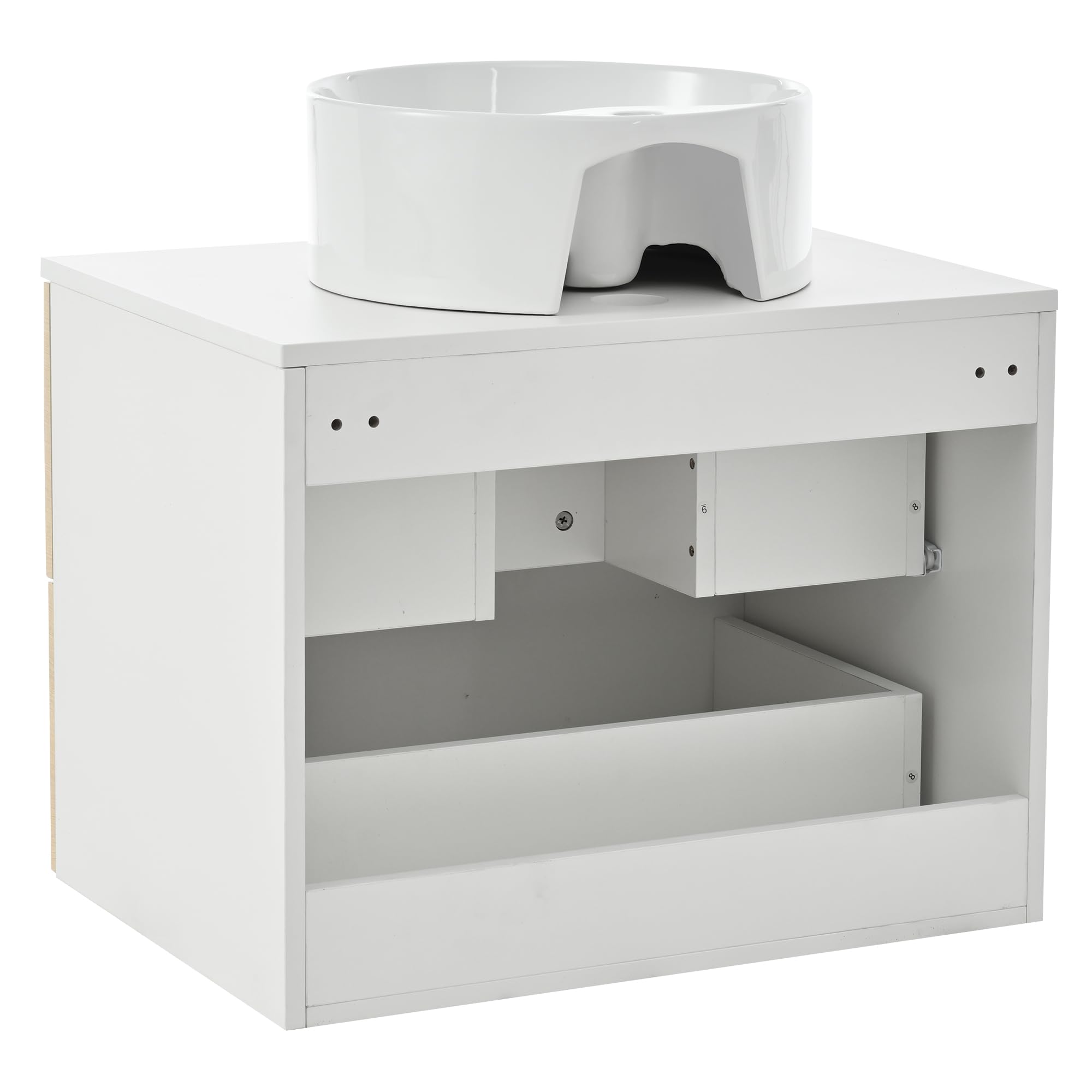 Mueble de baño redondo de cerámica de 60 cm montado en la pared con cajones de madera con diseño de rayas, tablero MDF, capacidad de almacenamiento: 2 cajones + encimera, madera natural
