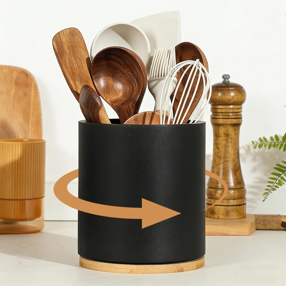 NAVESO Porta Mestoli da Cucina, Porta Utensili da Cucina in Legno Girevole a 360°, Impermeabile Portamestoli Cucinas per Cucchiaio, Frusta, Forchetta Nero