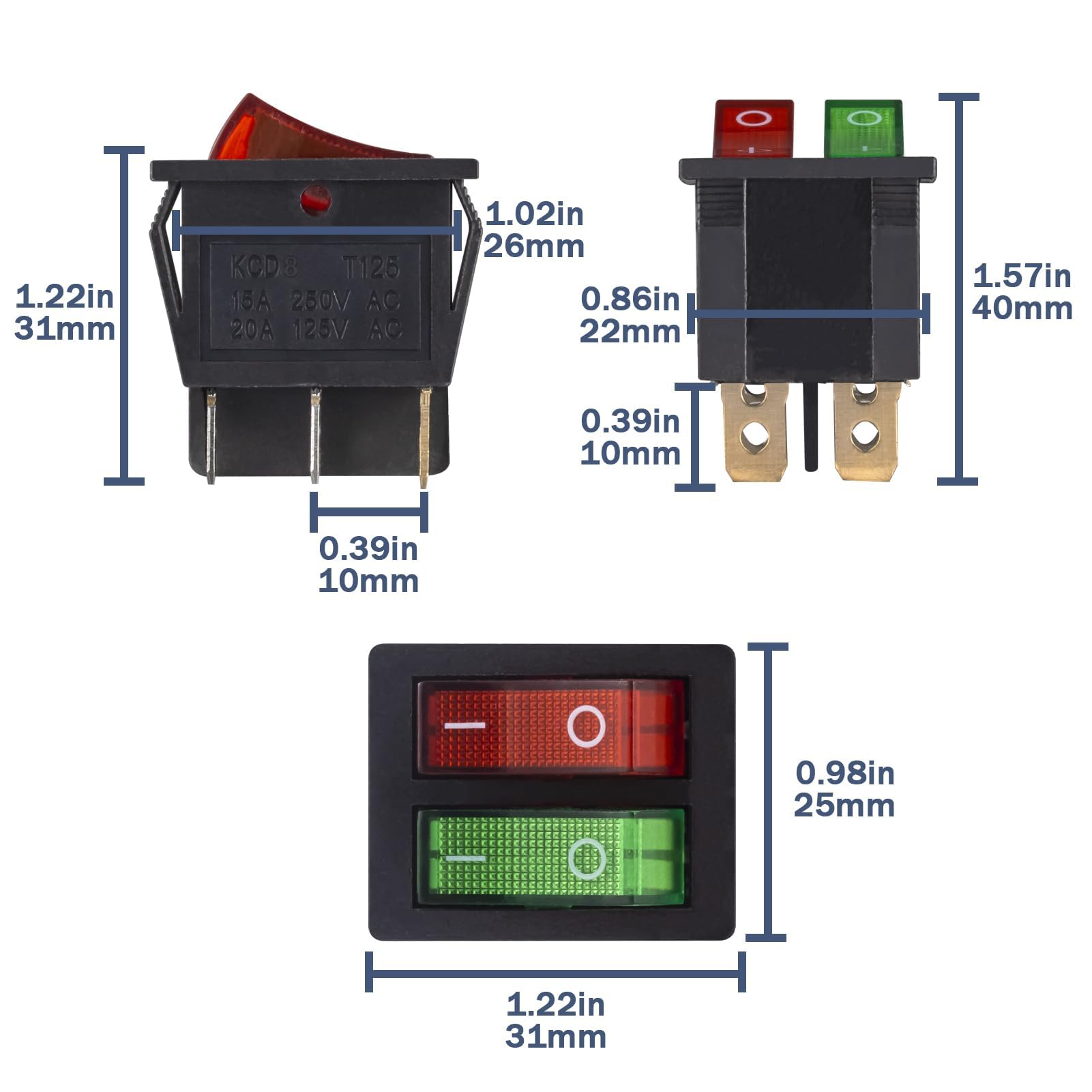 VEXUNGA 6pcs Mini Light Switch 6 Pin On Off Red Green Lighted Double Boat Rocker Switch 20A 125V AC 15A 250V 2 Position Illuminated SPST Dual Switches for Car Marine