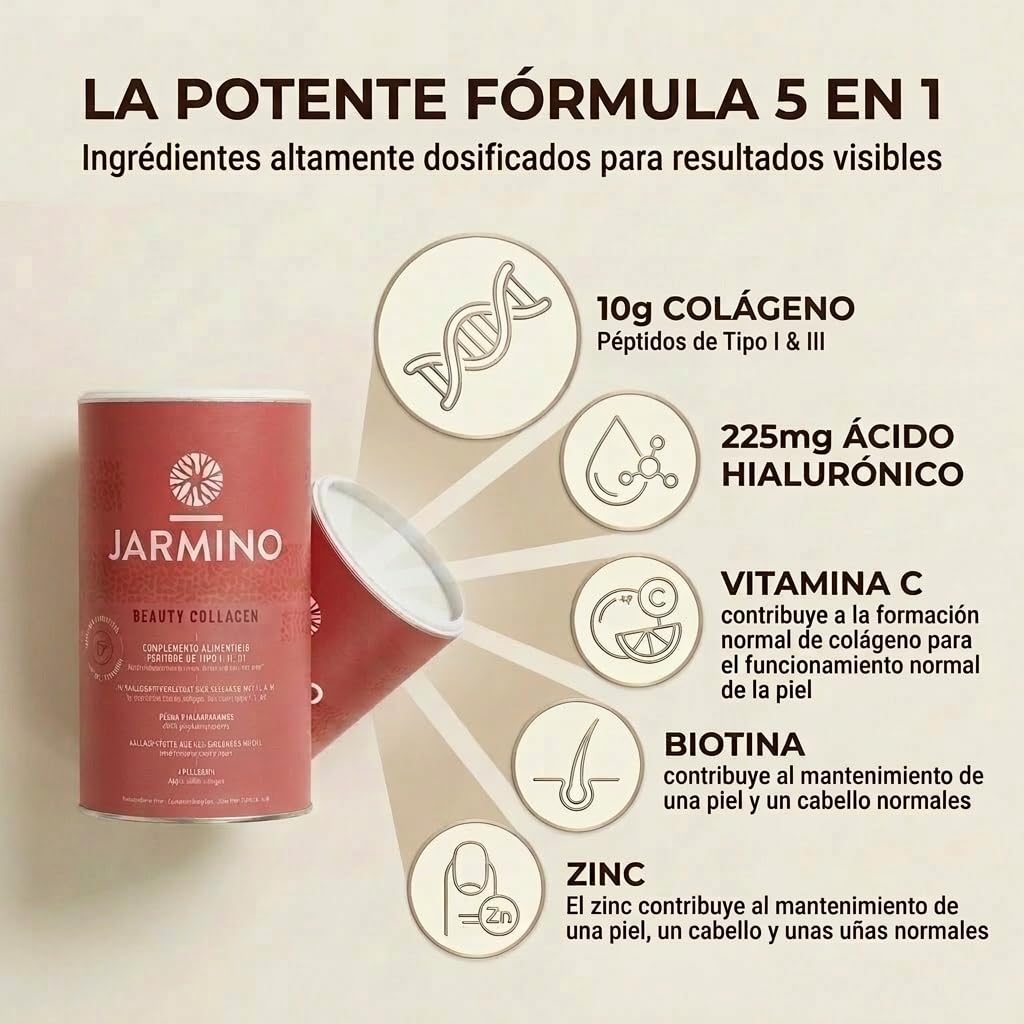 Colágeno de belleza + fórmula de ácido hialurónico | antienvejecimiento desde el interior | 10g de polvo de colágeno por porción (30 porciones)| sin aditivos | 450g | JARMINO