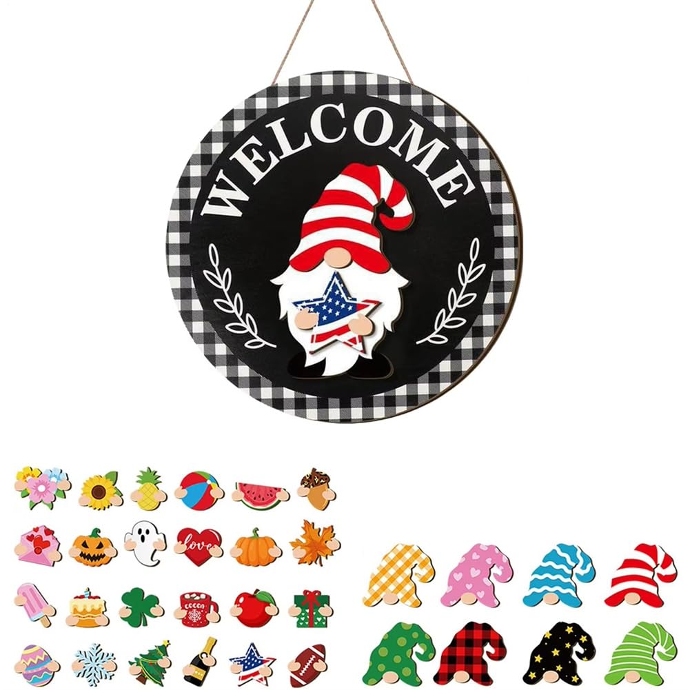 UDSKNV[KSL Interchangeable Wooden Gnome Welcome Sign Holiday Decor with Magnetic Pieces Seasonal Display A