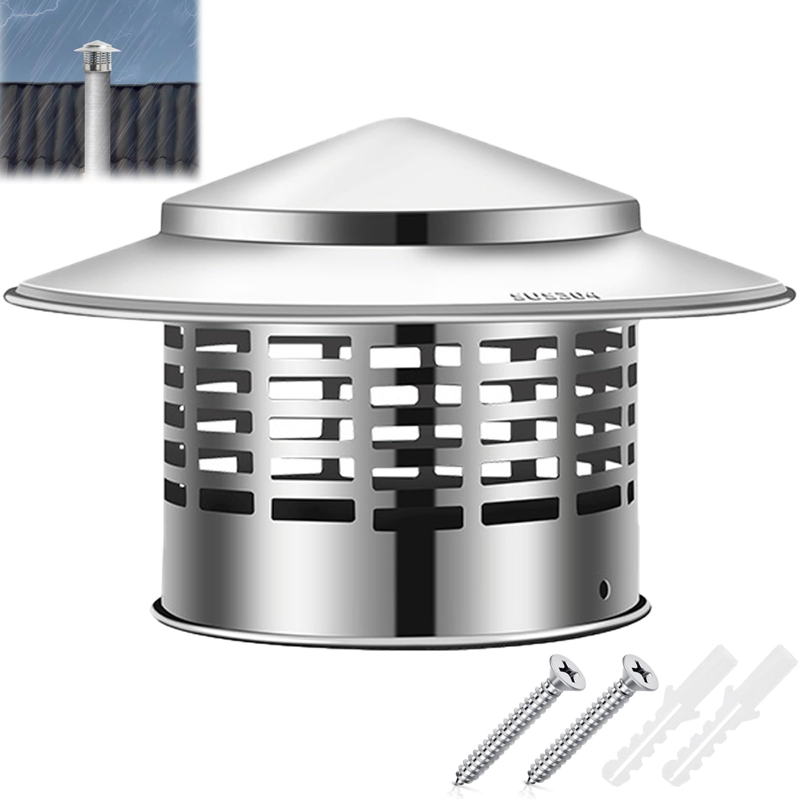 Chimney Cap 304 Stainless Steel Chimney Cover, Fireplace Chimney Caps for Outside, Chimney Rain Caps Roof Rain Chimney Flue Cover, Chimney Vent Cap, Chimney Cowl, Flue Protector(110mm/4.3in)