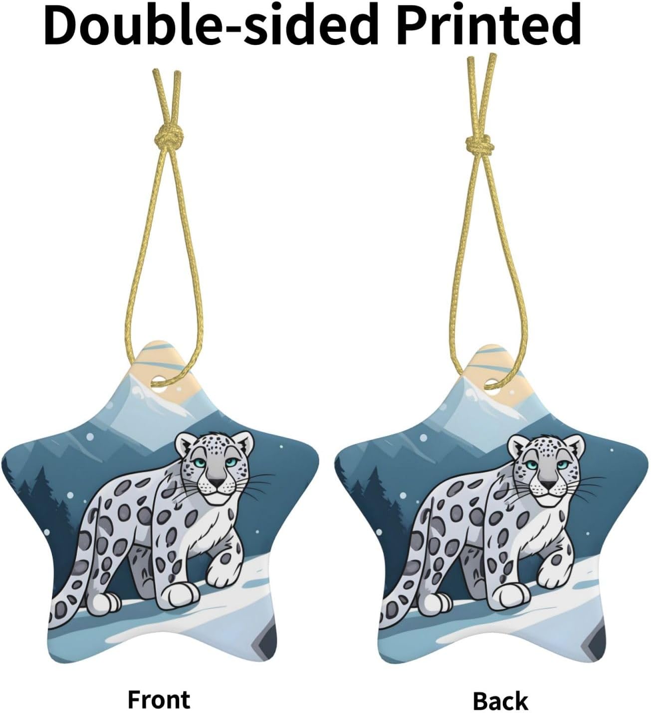 Cartoon Snow Leopard pattern Christmas Tree star Ceramic Hanging decorate : Comes with gold wire rope for easy hanging -2.9 in