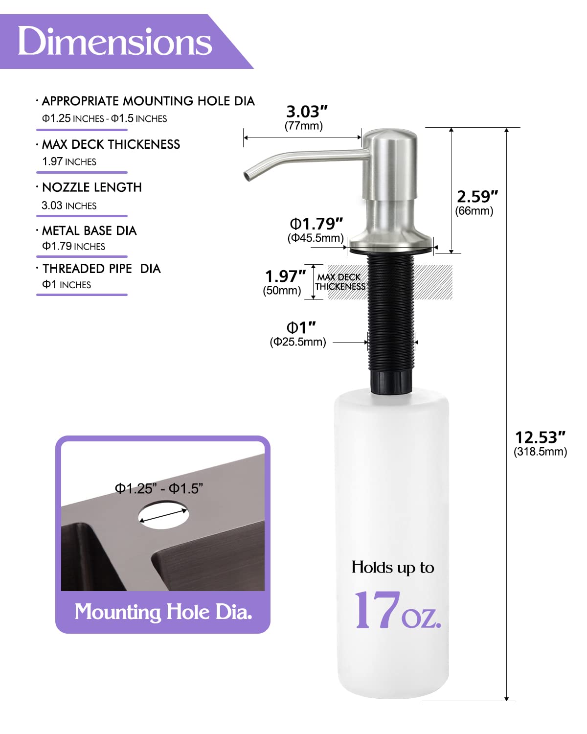 Dispensador de jabón integrado para fregadero de cocina, níquel cepillado, acero inoxidable, dispensador de jabón con capacidad grande F25-1BN de 17 onzas