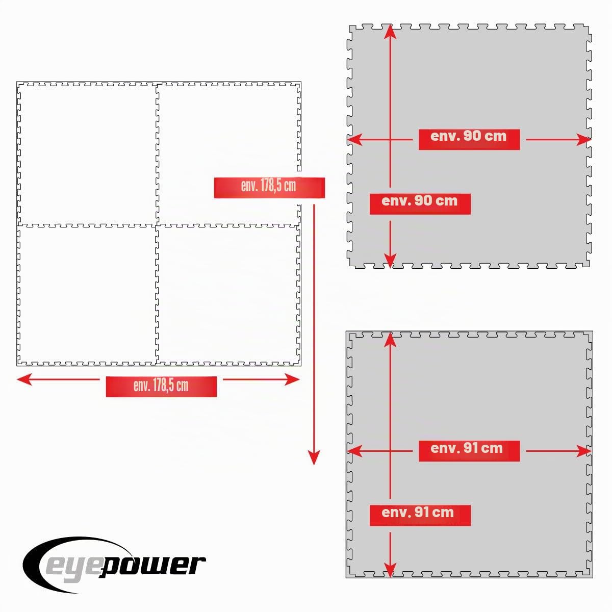EYEPOWER Tapis de fitness professionnel - Épaisseur 2 cm - Différents lots - 90 x 90 cm - Tapis d'entraînement avec bord - Tapis de protection du sol pour équipement de fitness - Poids, haltères