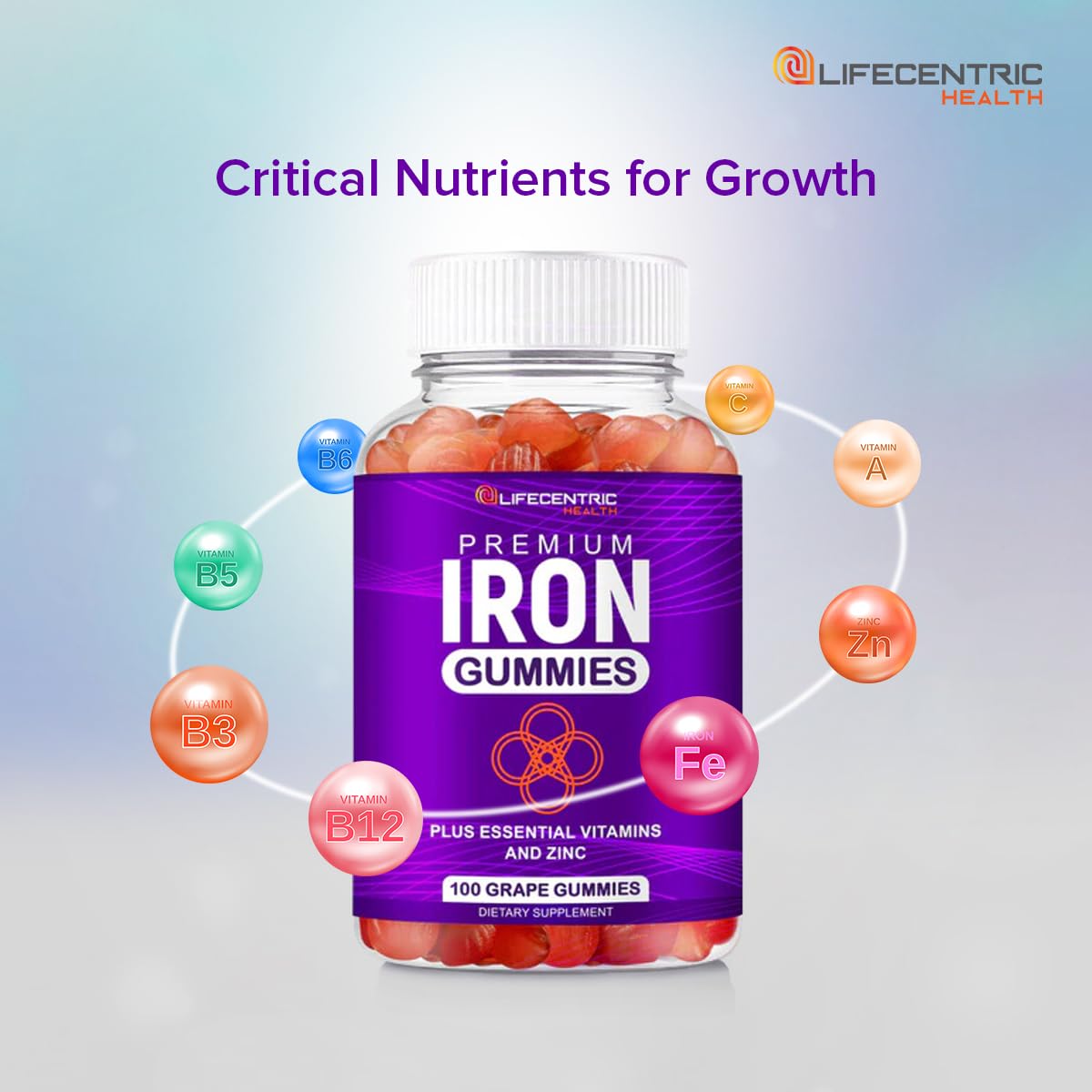 LifeCentricHealth Iron Gummies | Biotin Zinc Vitamin B Folic Acid Gummies | Vegan Gluten Free for Women & Men — Amazon image 5