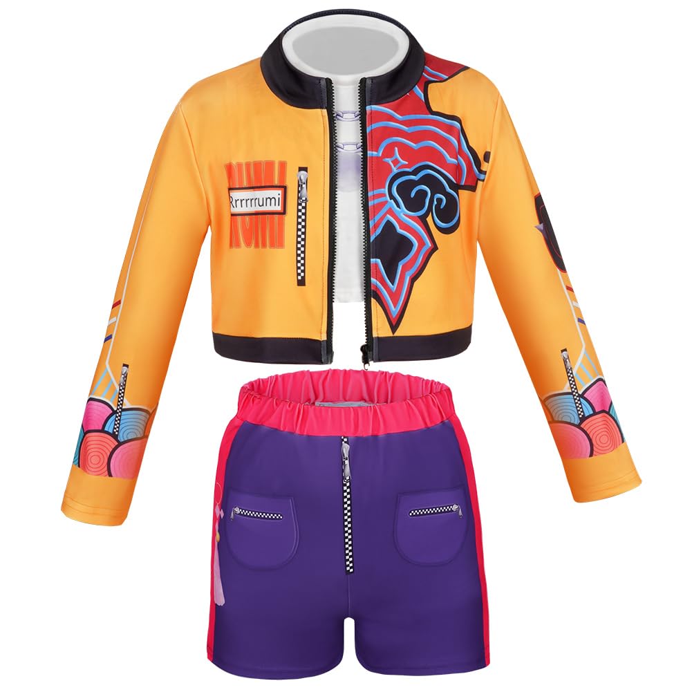 AOOWU Kpop Kostüm Kinder, Hunters Cosplay Kostüm für Mädchen mit Jacke Shorts Anzug, Idol BüHne Rollenspiel Outfits Anime Cosplay Costume für Halloween Party Karneval, 120cm
