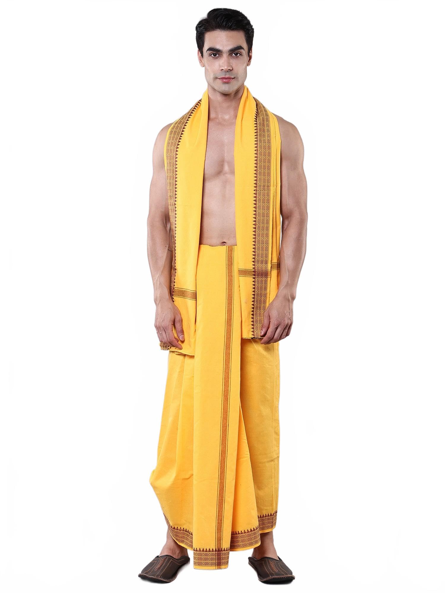 Cotton Dhoti Angavastram Set with Rudraksha Temple Border Design | Men's Dhoti Angvastram Festive Wedding Wear-image-8
