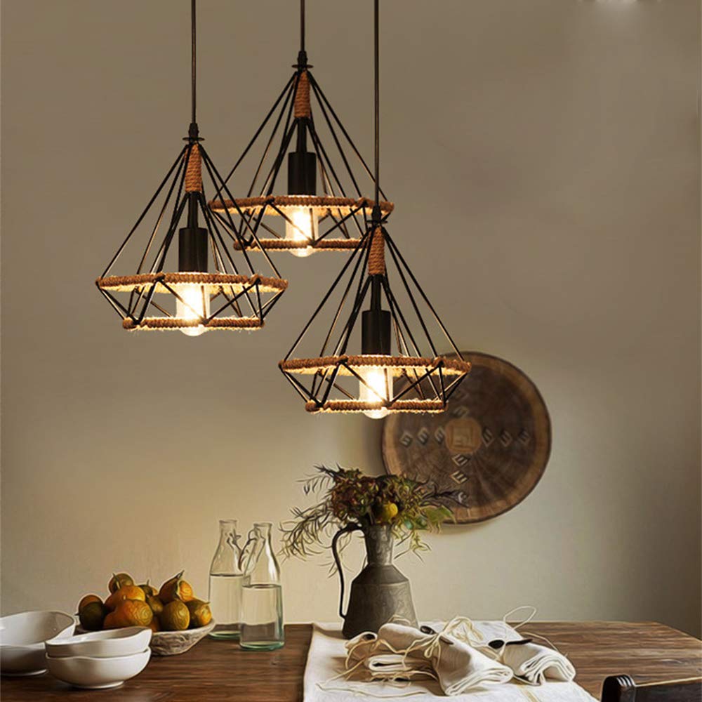 STOEX 3 Luces Lámpara de Techo Colgante Retro Industrial Luz de Araña Diamante Estilo Loft para Cocina Comedor Pasillo Sala de estar, Negro