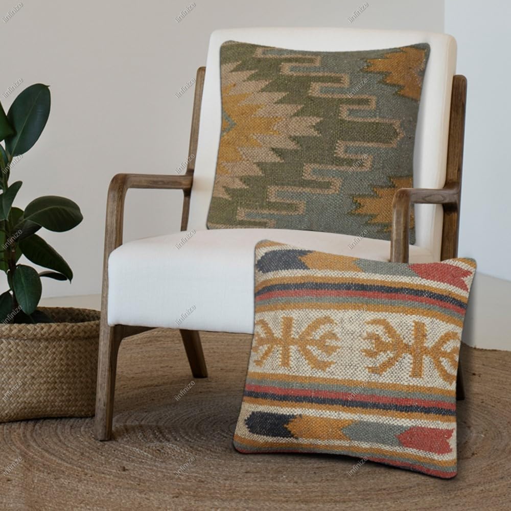 iinfinize Wool Jute Kilim Cushion Cover for Home Decor Set of 2 Rustic Hand Woven Rug Pilow Cover for Sofa Geometric Design Cushion Case for Living Room Turksih Floor Pillow Case (Multi 03)