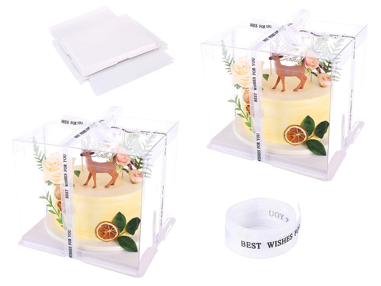 2Pcs Clear Cake Box Transparent Box Carrier Packaging 10" X 10" X 9"- Tall Layer Cake Carrier with Ribbon- 2 Tier Transparent Cake Boxes, Gift Display Clear Boxes for Packaging - White