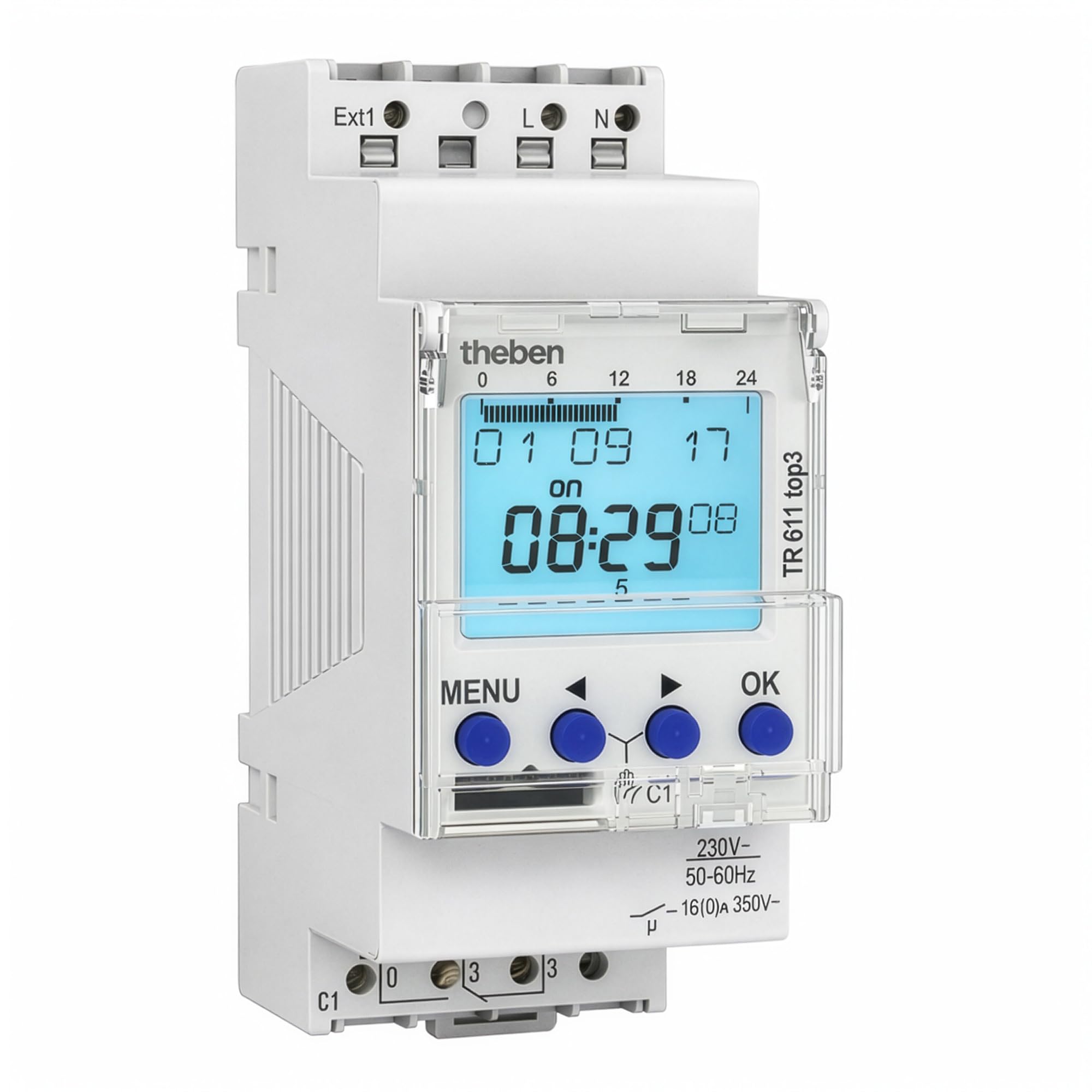 Theben 6110130 TR 611 top3 interruttore orario 1 canale ext. ingresso | 600 W LED, 10 anni di riserva di carica, precisione ± 0,25 s/giorno, 800 A/200 µs, 84 posizioni, 1 ingresso esterno, App