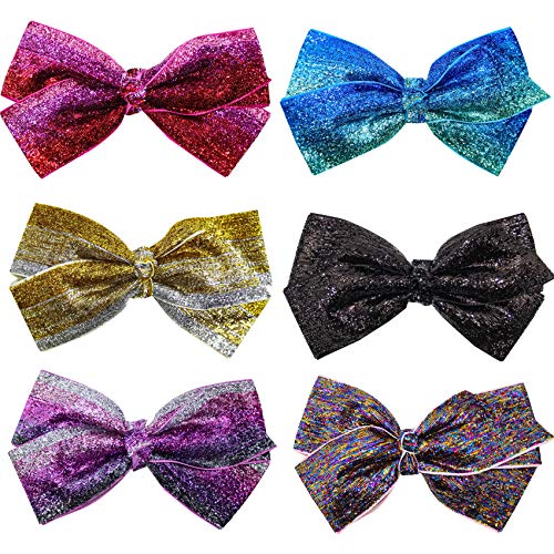 FROG SAC 6 Glitter Hair Bows for Girls, Cute Sparkly Bow For Kids, Little Girl Hair Accessories, Large 5 Inches Shimmering Child Bow Barrette Pack, Big Girls Party Favors