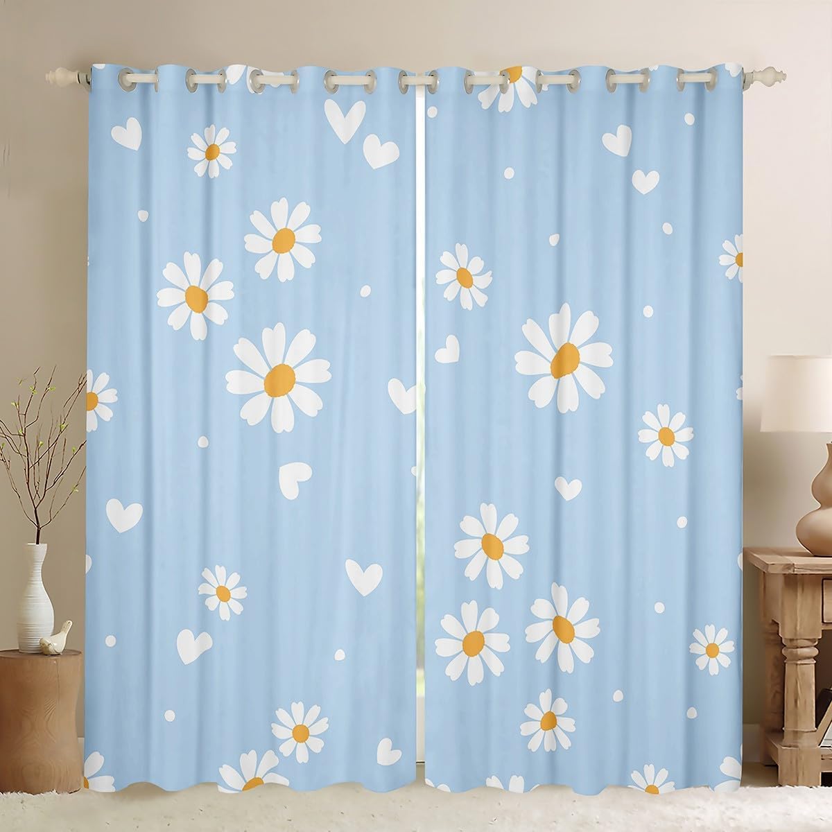 feelingyou Daisy Blackout Curtains Teens Adult Women,Yellow White Blue Curtains for Bedroom,Daisy Flowers Draperies for Living Room,Spring Floral Treatment Curtains Set of 2 Panels,66Wx90L
