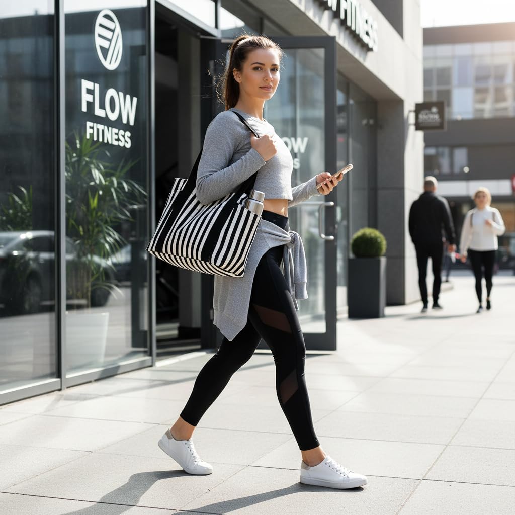 Canvas Tote Bag for Women, Striped Shoulder Handbag With Multi-Pockets & Zipper, Daily Purse for Work, Tavel, Gym