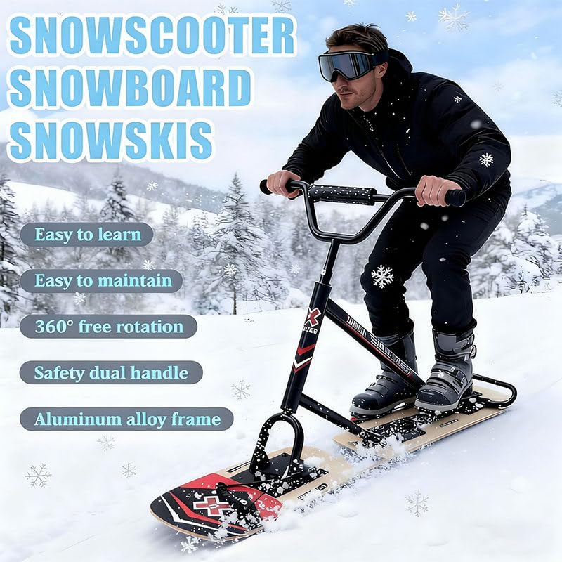 Scooter da Neve Premium 2026 - Sci da Neve per Adulti con sterzo a Rotazione Completa a 360°, motoslitta con Doppia Lama di stabilità, Slitta da Snowboard con capacità di 150 kg