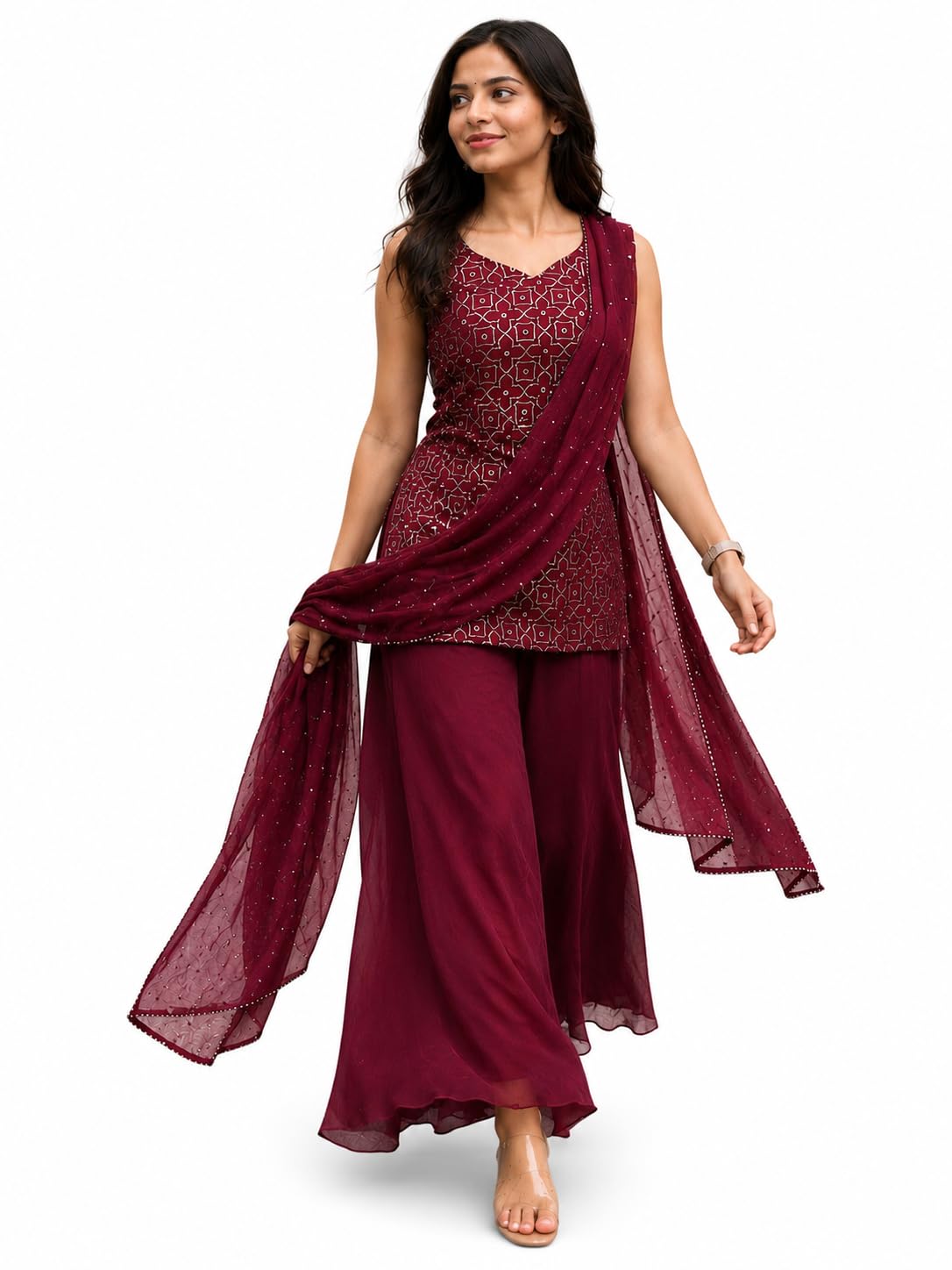 gmiya Women's Georgette Printed Kurta Palazzo Set, Maroon, Sleeveless, V-Neck, with Dupatta, Festive Ethnic Wear-picture-46