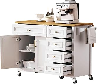 LUMISOL Kitchen Island on Wheels with Drop Leaf, 52'' Embossed Texture Kitchen Island Cart with 5 Drawers and 2 Doors, Rolling Kitchen Island with Spice Rack and Towel Rack for Kitchen, White
