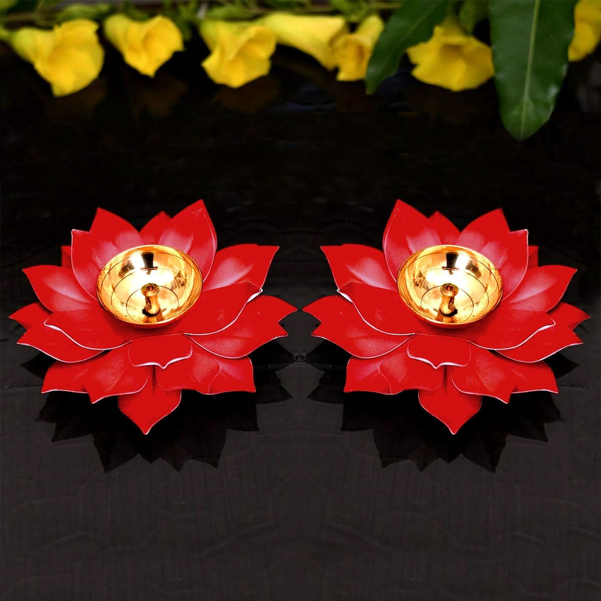 excting Lives Pc Set of 2 Metal Lotus Flower Petals Kamal Shape Metal Akand Diya for Traditional Indian Festive Diwali Deepawali Puja Pooja Dia Home Temple Decoration Oil Lamp Gift Items.