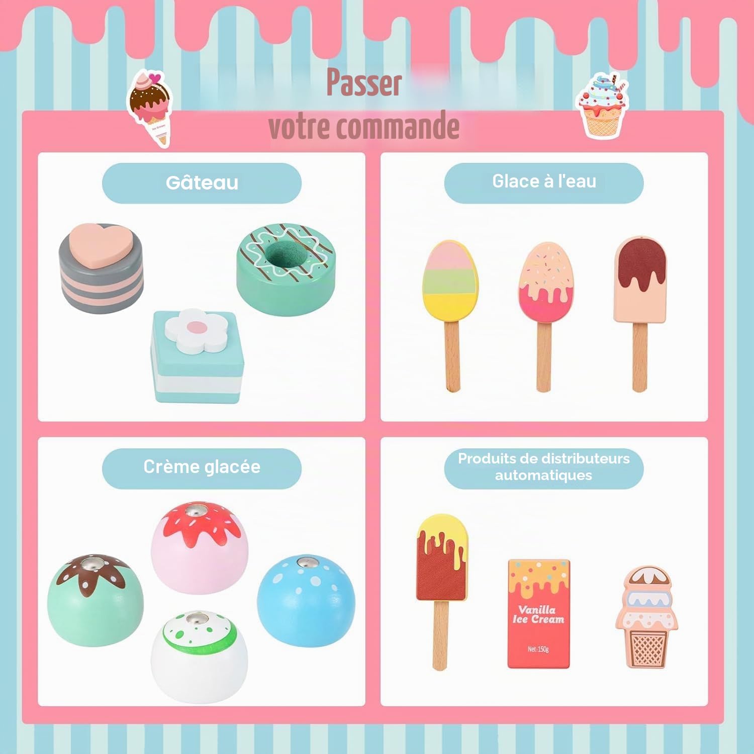 FANTASK Chariot à Glace pour Enfant Rose avec 15 Accessoires, Magasin en Bois avec sorbetière, Caisse enregistreuse, Scanner et Distributeur Automatique, Magasin de marchands et crème glacée, Jouet