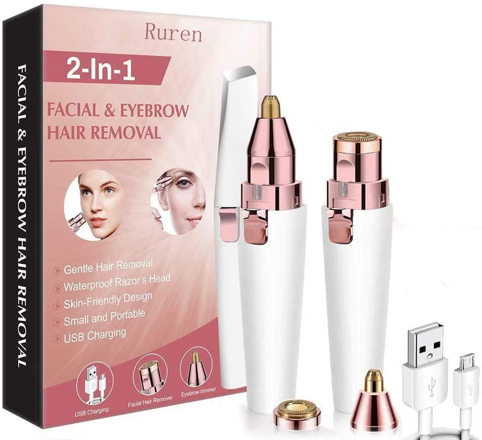 Facial Hair Remover & Eyebrow Trimmer, Ruren 2 in 1 USB Charging Eyebrow Razor Hair Removal for Women use on Eyebrow, Upper and Lower Lip, Nose, Cheeks, Chin, Neck and Bikini