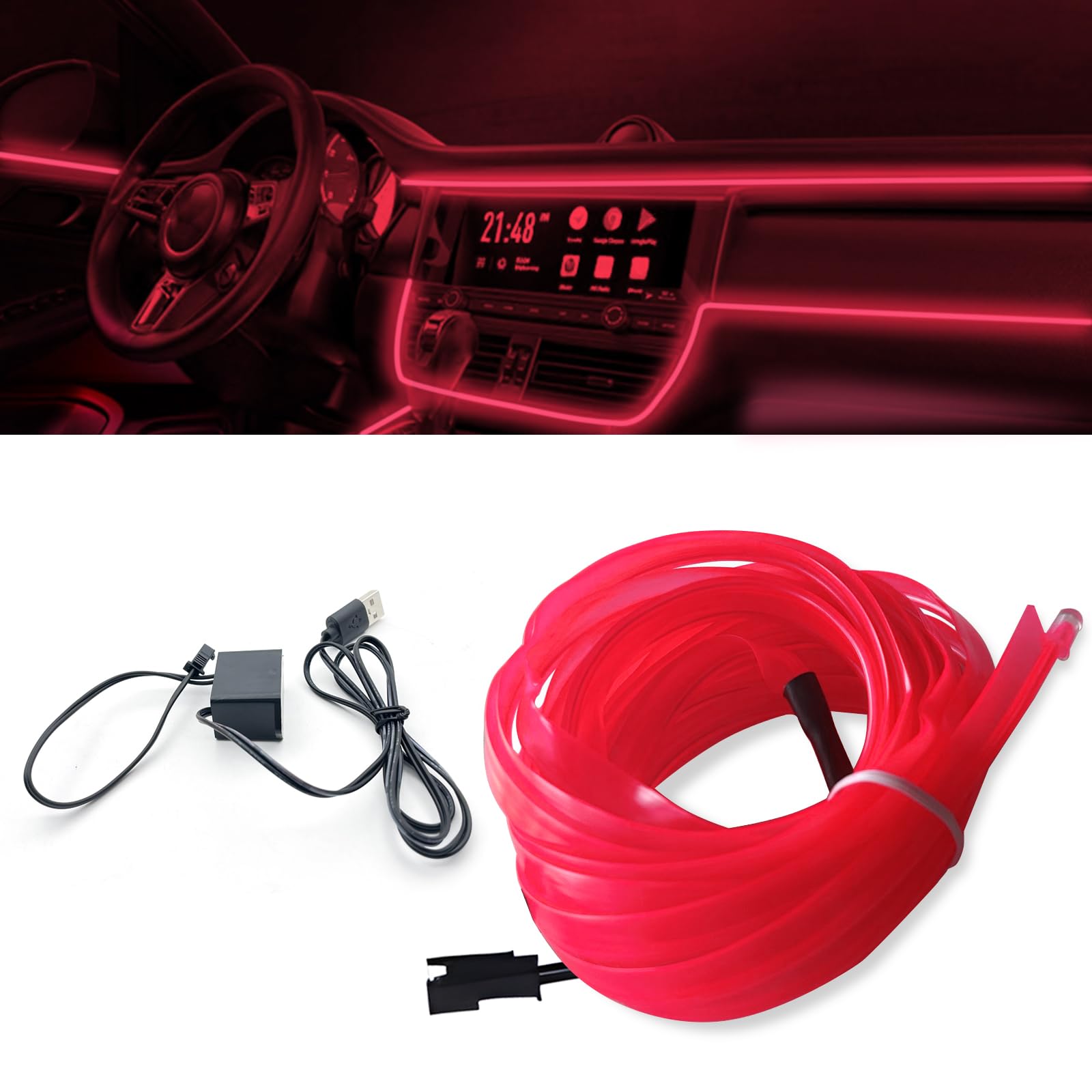 EL Wire Interior Car LED Light Strip, USB Neon Flashing Electrogenic Light Light, 16.4 FT Neon with Sewing Edge, Car Ambient Lighting Kit with Fuse Protection (Pink)