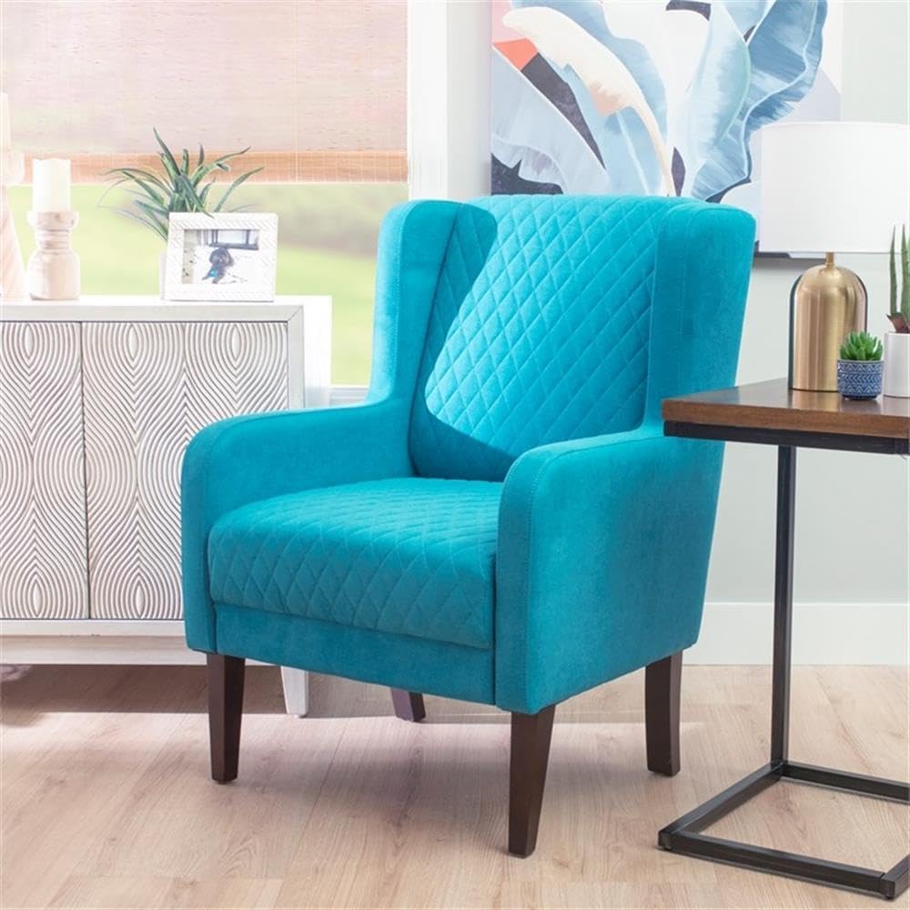 Pemberly Row Upholstered Wingback Accent Chair, Quilted Back & Seat, Teal Polyester & Nylon Fabric, Solid Wood Espresso Legs, High Back Support, 28.5" L x 32.5" D x 40.75" H, Timeless Design for