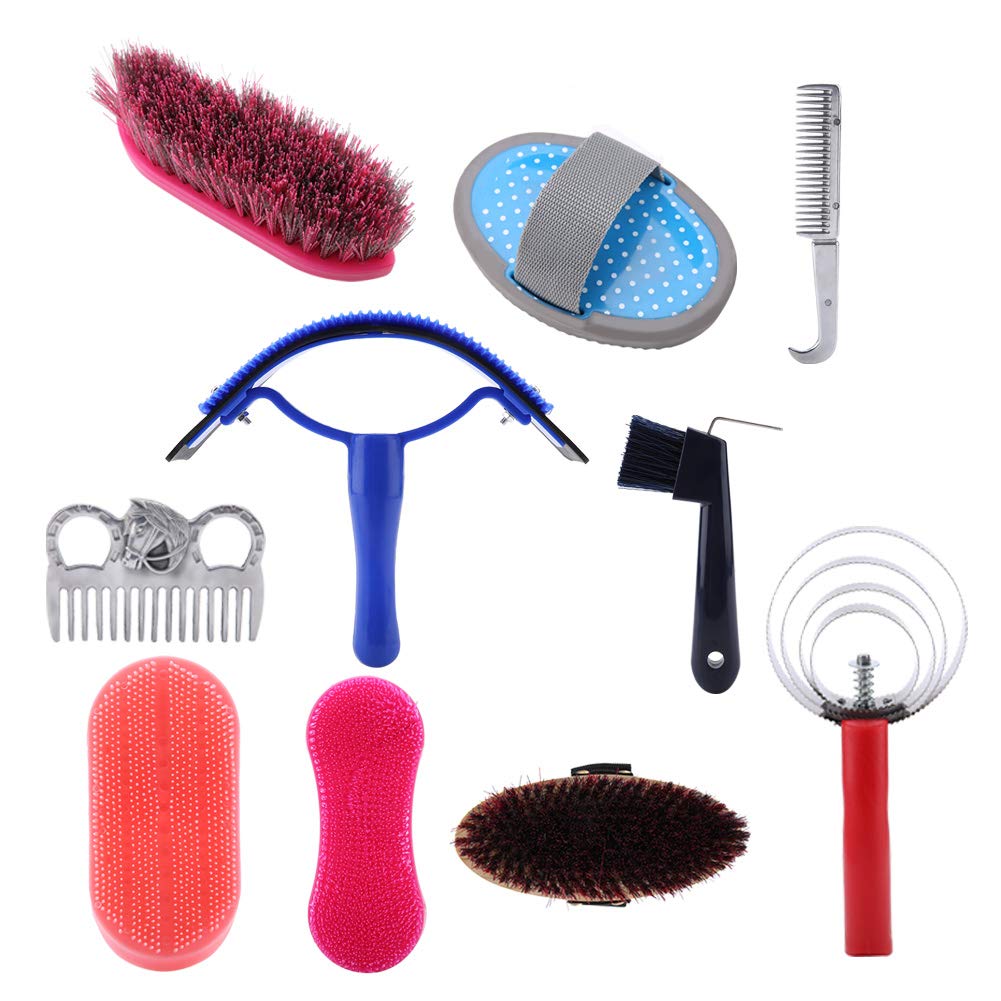 Zerodis Kit de Cuidado de Aseo de Caballos, 10 Piezas Equestrain Brush Curry Peine Juego de Herramientas de Limpieza de Caballos Equipo de equitación para Principiantes