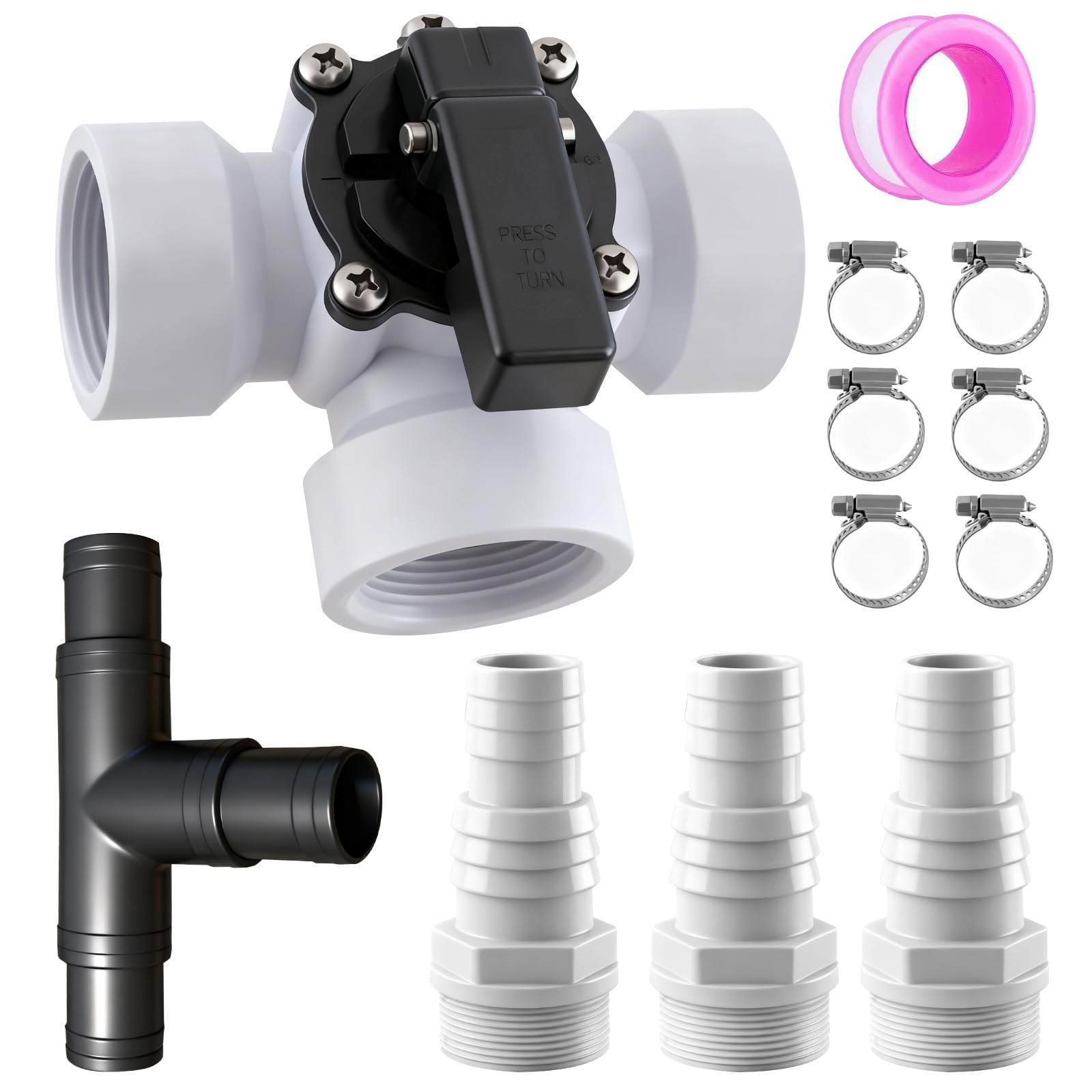 Bypass Kit Piscine 12 Pièces, Kit de Dérivation avec Vanne 3 Voies, 32/38 mm Raccordement, Adaptateur ABS, 6 Colliers INOX, pour Vanne Piscine, Chauffage Solaire, Pompe à Chaleur