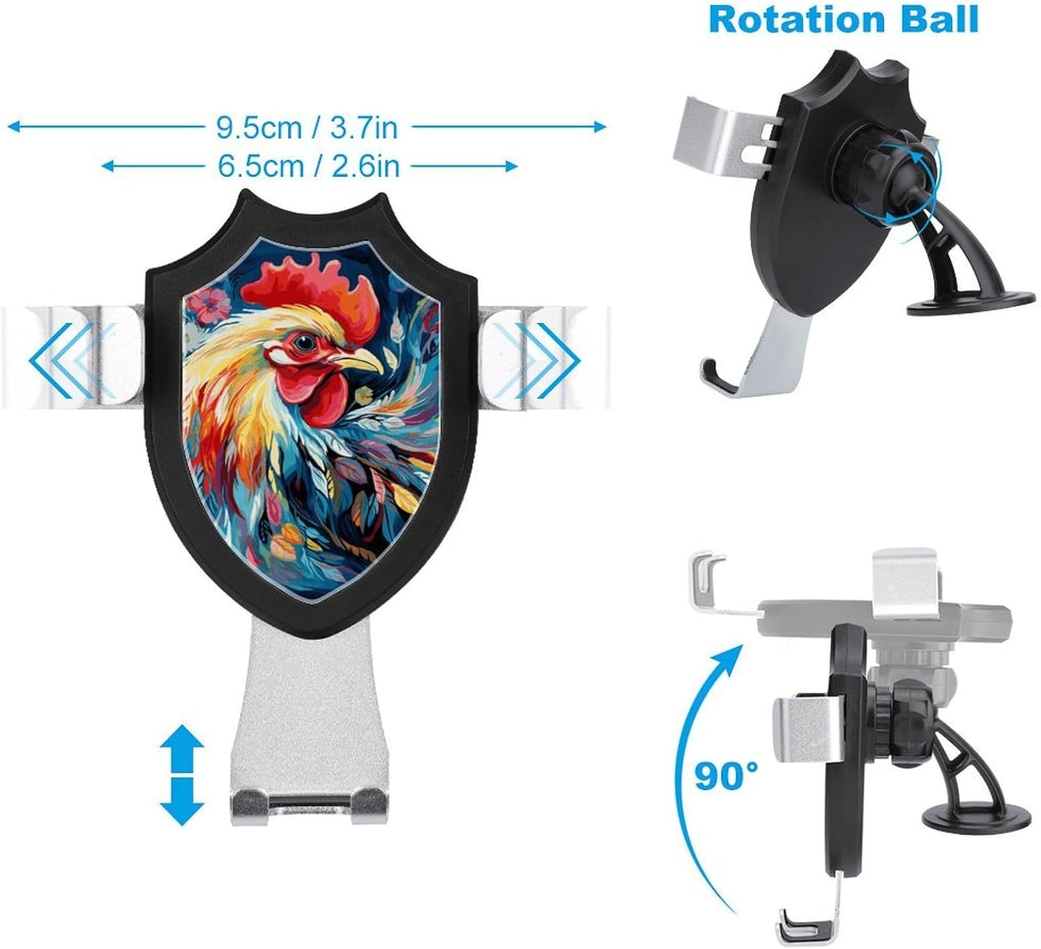 Universal Car Phone Holder Cradle 360° Rotation Auto Mount Stand Suction Cup Cell Art Colorful Chicken Phone Mount for Dashboard Windshield Air Vent Compatible with All Smartphones image 2