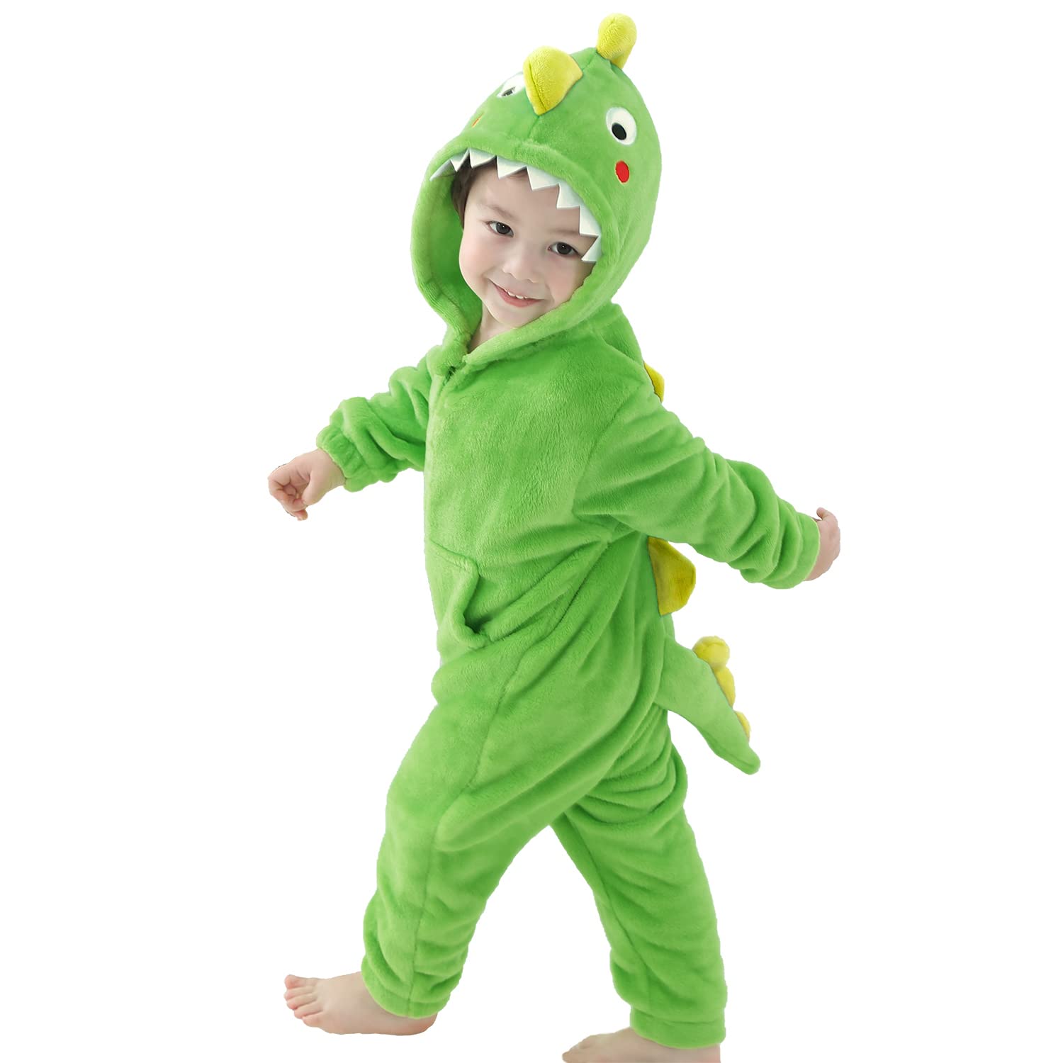 LOLANTA Unisex Kids Dinosaur Costume, One-Piece Hooded Flannel Jumpsuit Halloween Fancy Dress, Dark Green, 2-3 Years, Tag S