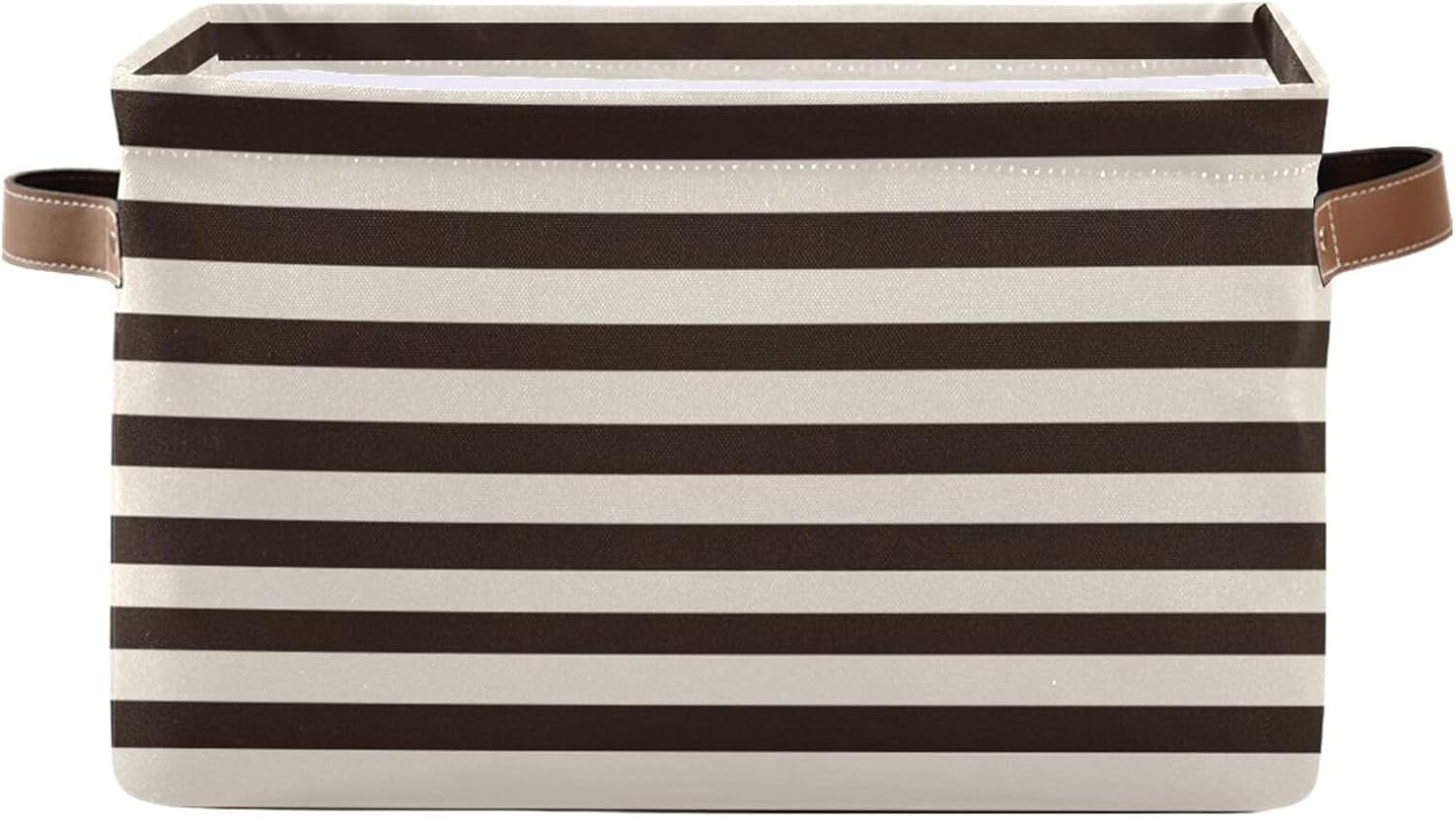 ALAZA Decorative Basket Rectangular Storage Bin, Brown White Striped Organizer Basket with Leather Handles for Home Office