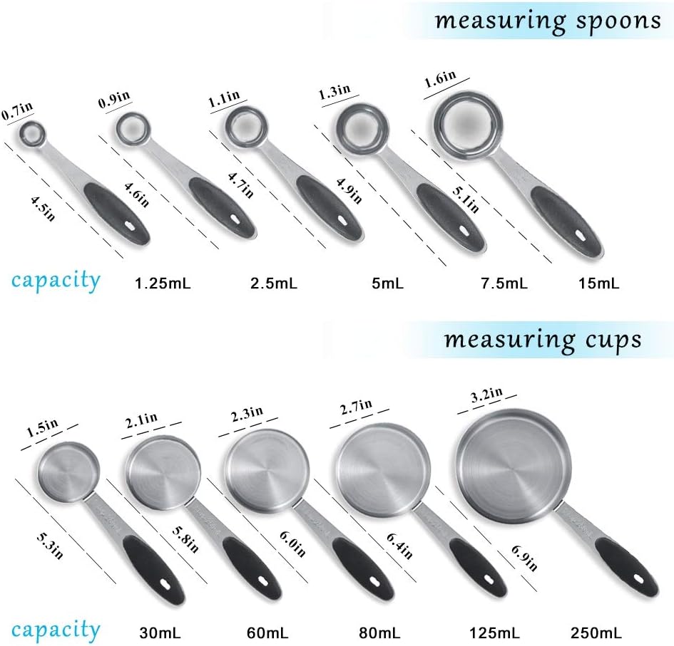10 Pieces Measuring Spoons and Cups Set, Stainless Steel Measuring Cups and Spoons with Silicone Handle Grip Kitchen for Baking Accessories (M)