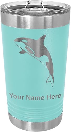 LaserGram Vaso de pinta aislado al vacío de 16 onzas, ballena asesina, grabado personalizado incluido (verde azulado)